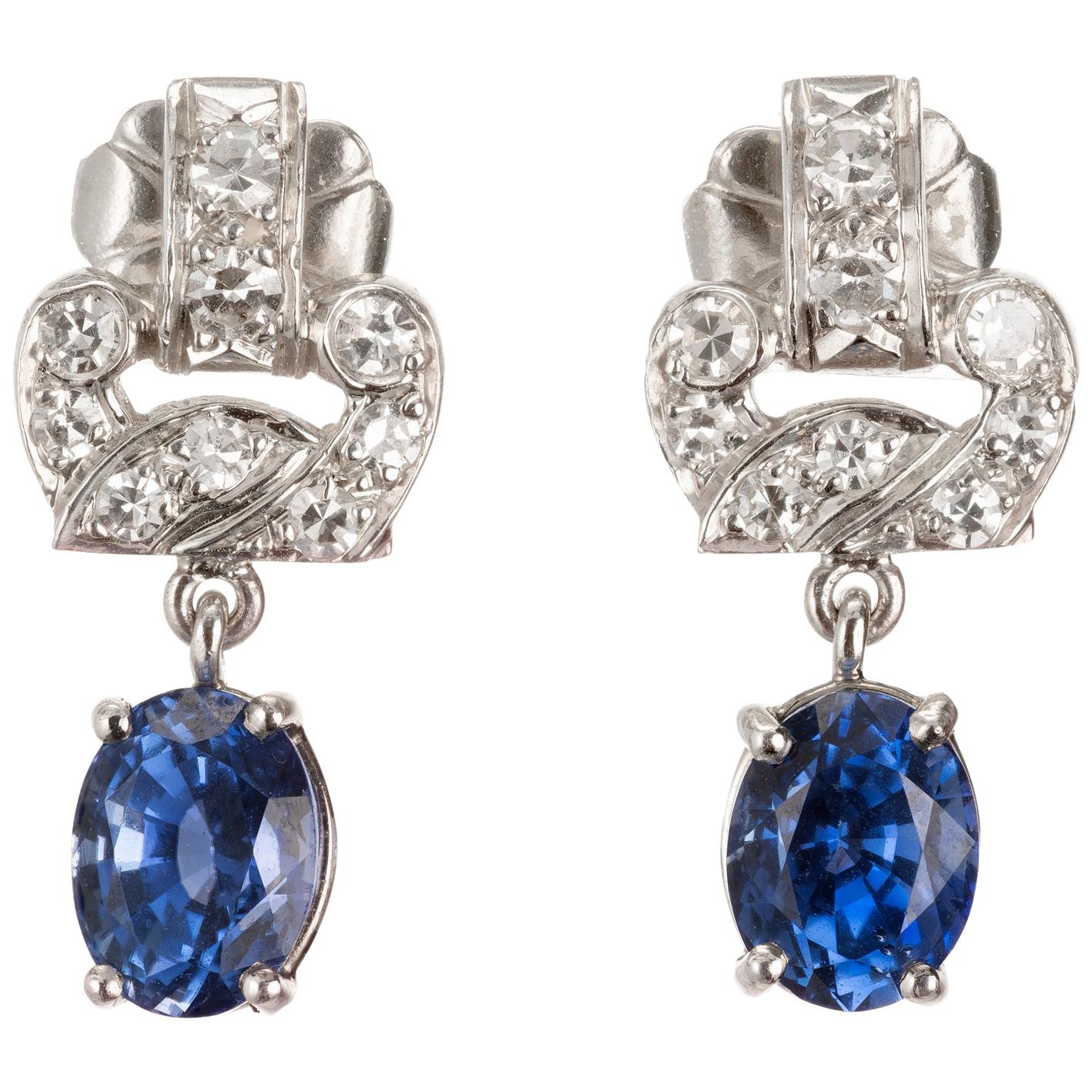 2.08 Carat Art Deco Blue Natural Sapphire Diamond Platinum Earrings
