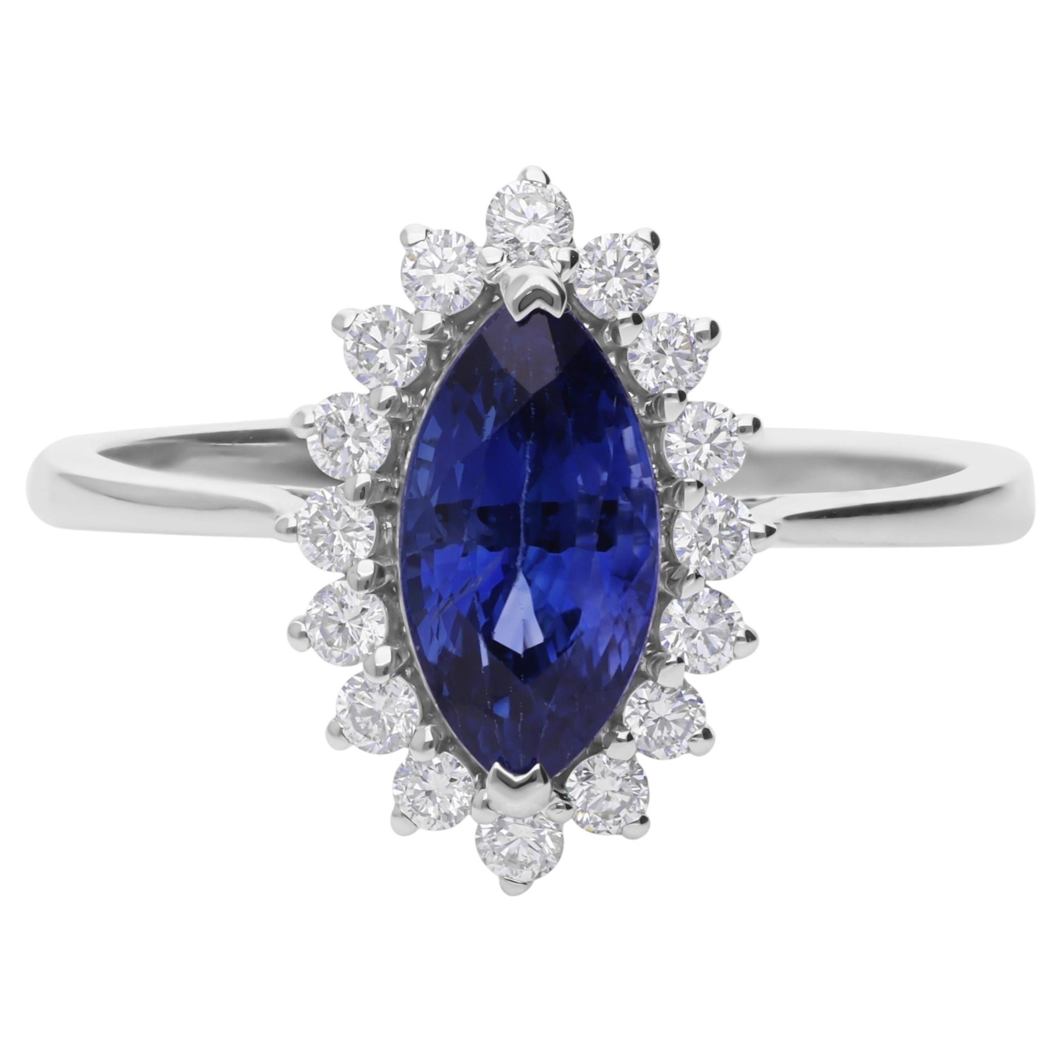 2.08 Carat Blue Sapphire 0.3 Carat SI/H Diamond Ring 18 Karat White Gold Jewelry
