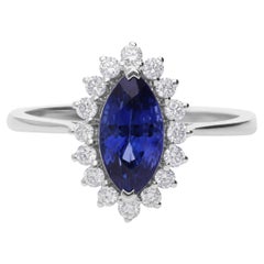 2.08 Carat Blue Sapphire 0.3 Carat SI/H Diamond Ring 18 Karat White Gold Jewelry