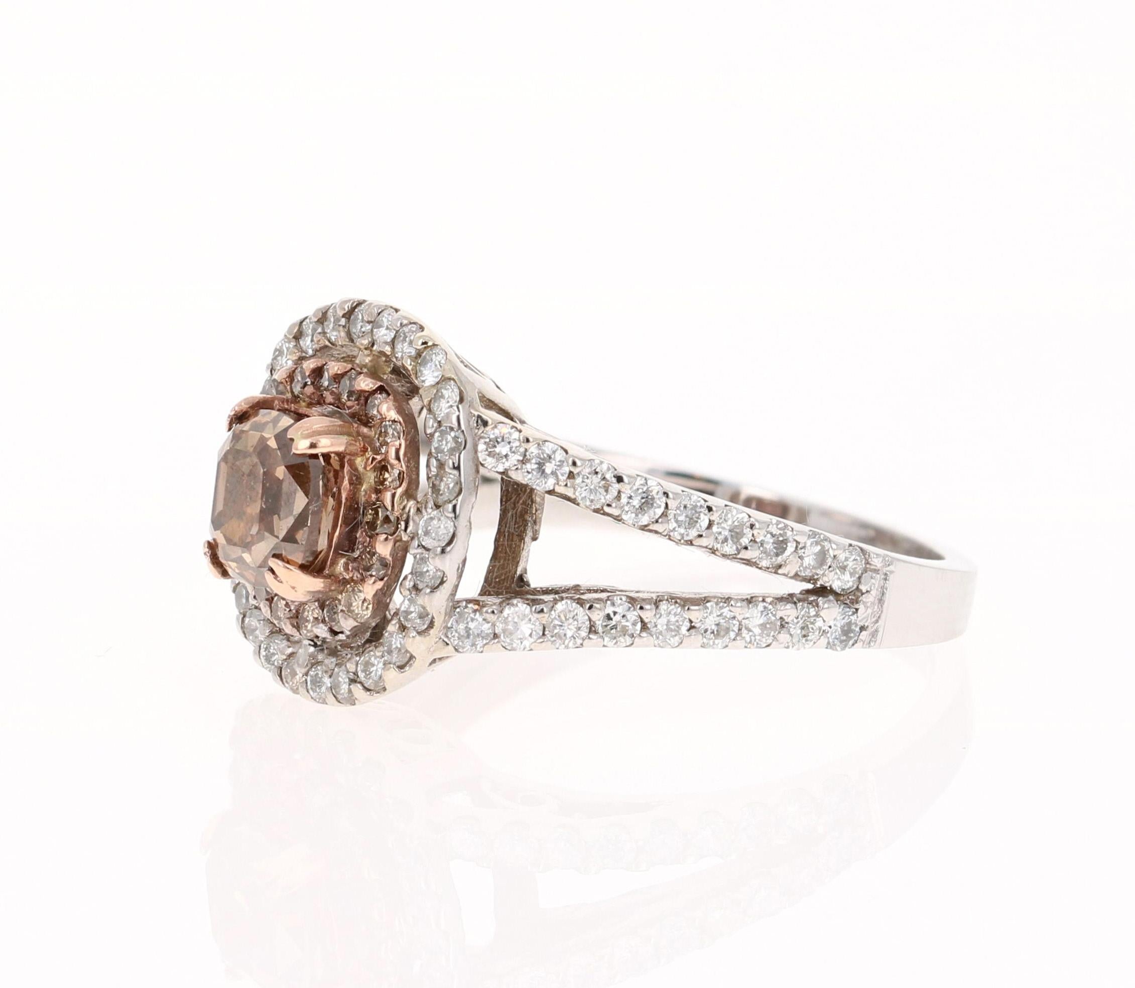 Contemporary 2.08 Carat Brown and White Diamond Engagement 14 Karat White Gold Ring For Sale