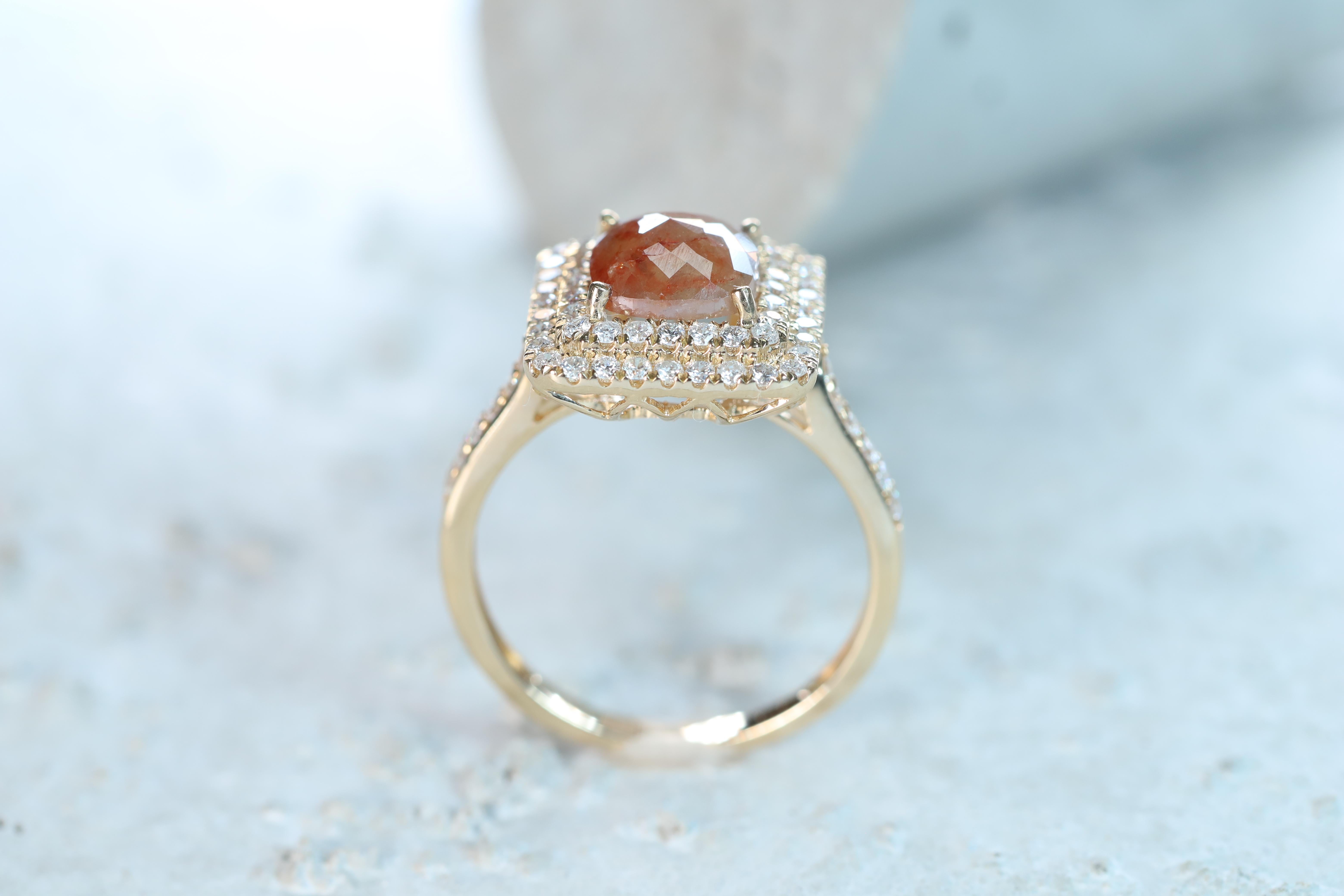 Art Deco 2.08 Carat Brown Diamond with Round-Cut White Diamond 14K Yellow Gold Ring For Sale