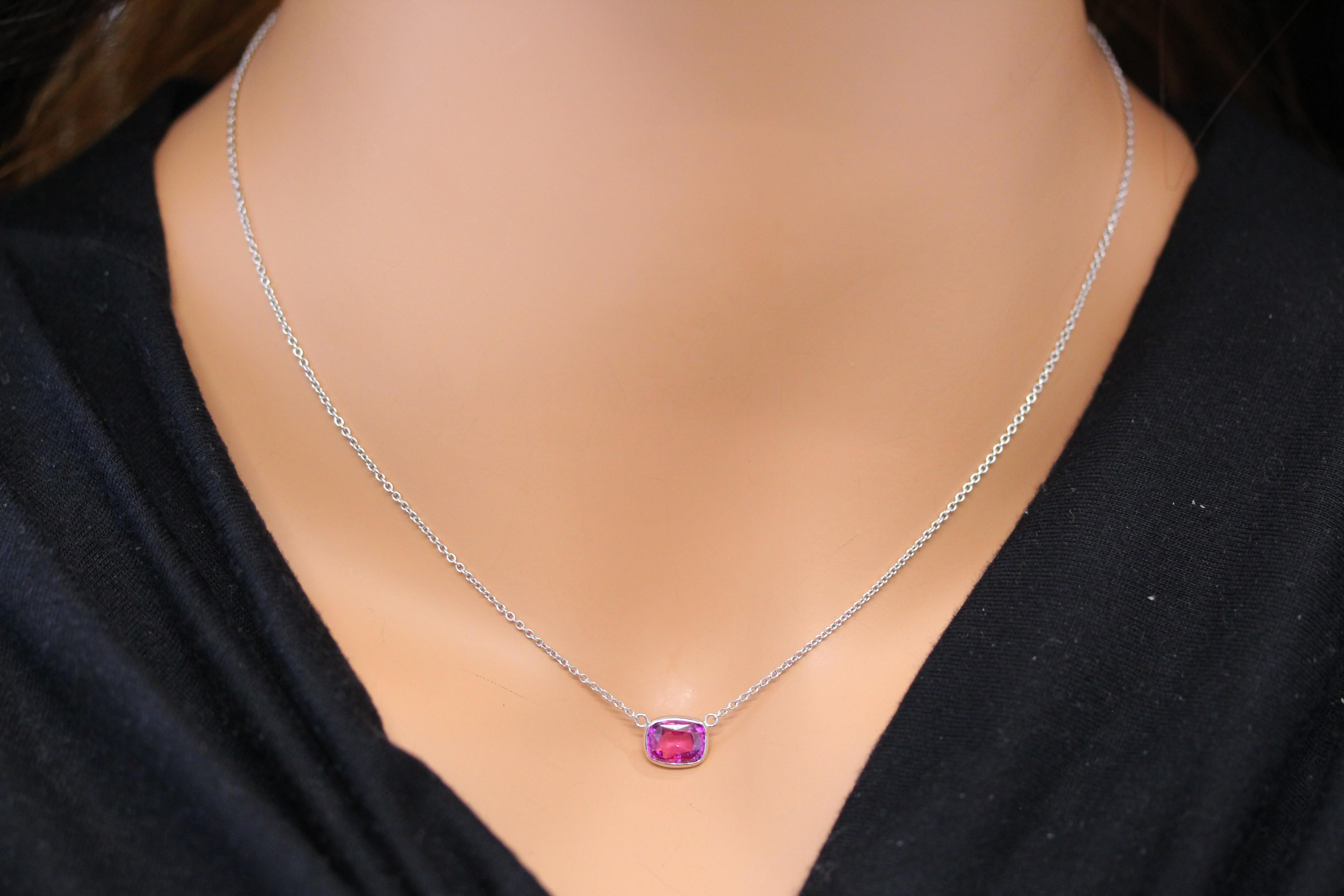Contemporary 2.08 Carat Cushion Sapphire Purplish Pink Fashion Necklaces In 14k White Gold For Sale