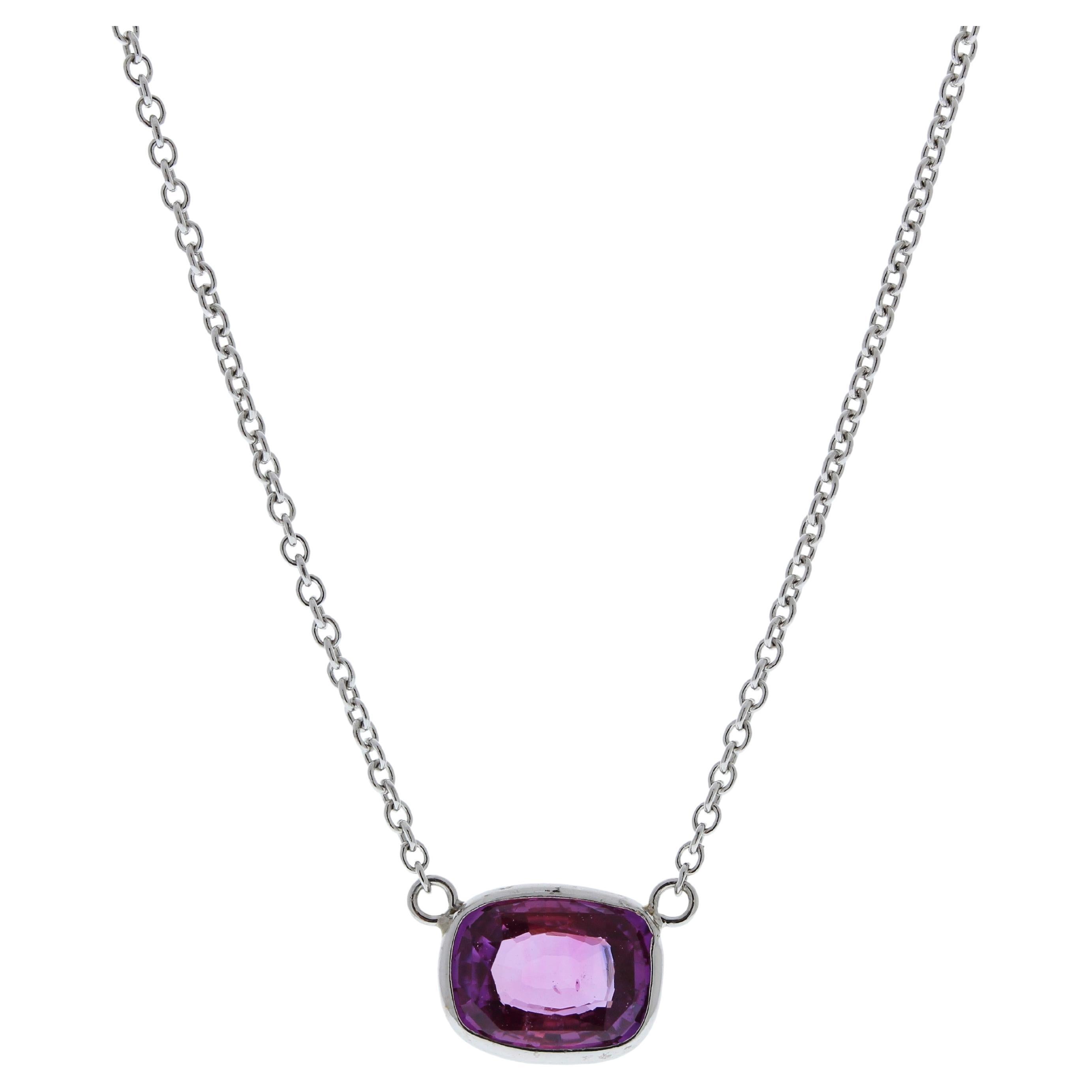 2.08 Carat Cushion Sapphire Purplish Pink Fashion Necklaces In 14k White Gold For Sale