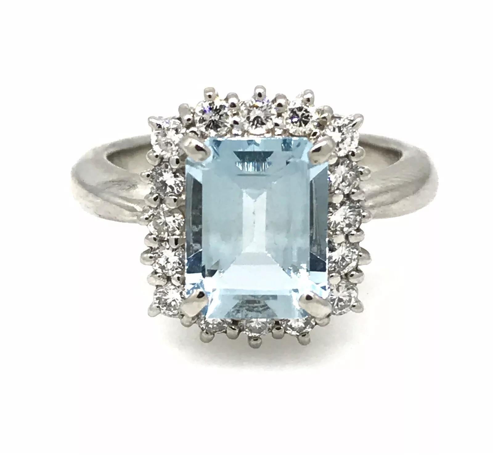 Women's 2.08 carat Emerald Cut Aquamarine and Diamond Halo Ring in Platinum