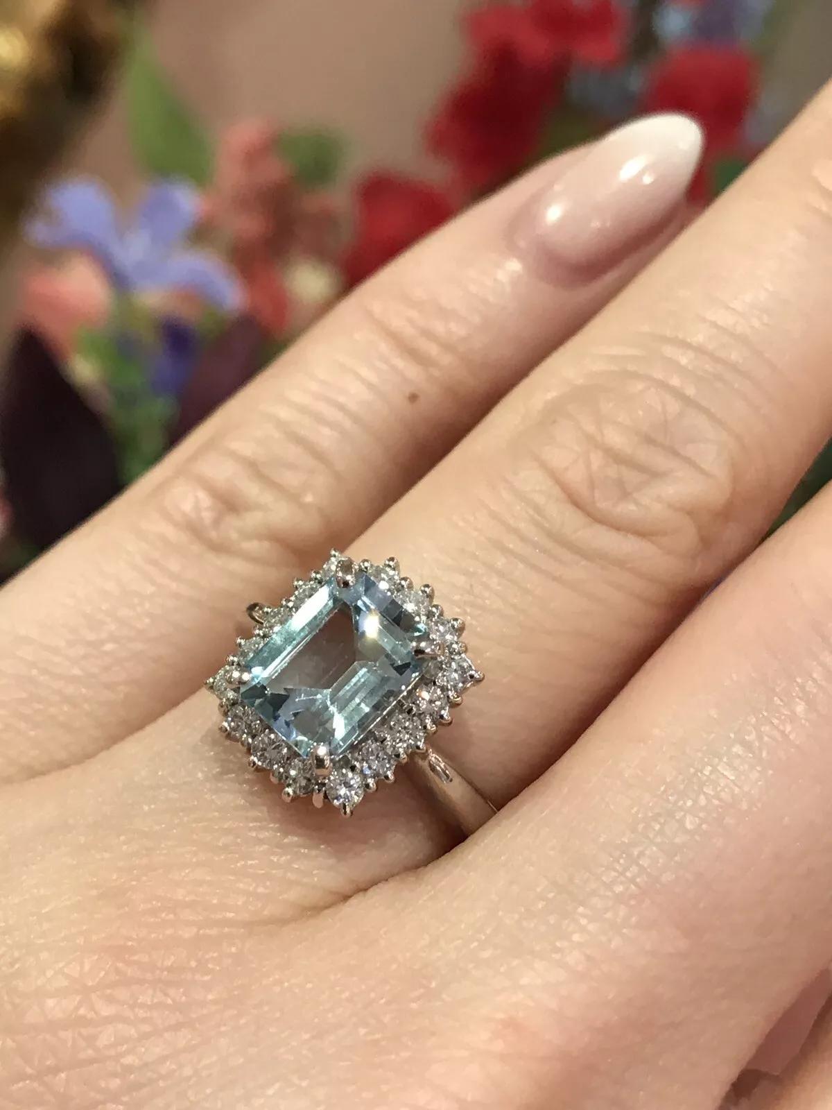 2.08 carat Emerald Cut Aquamarine and Diamond Halo Ring in Platinum 3