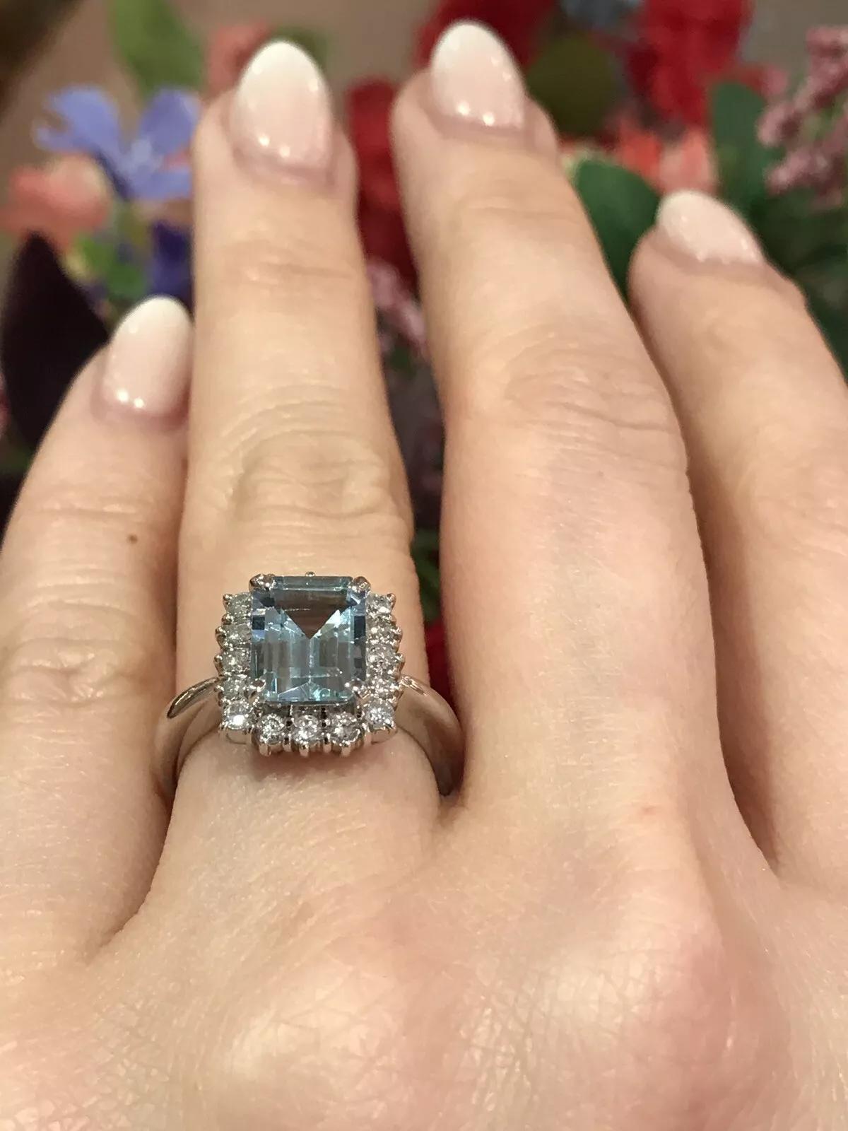 2.08 carat Emerald Cut Aquamarine and Diamond Halo Ring in Platinum 4
