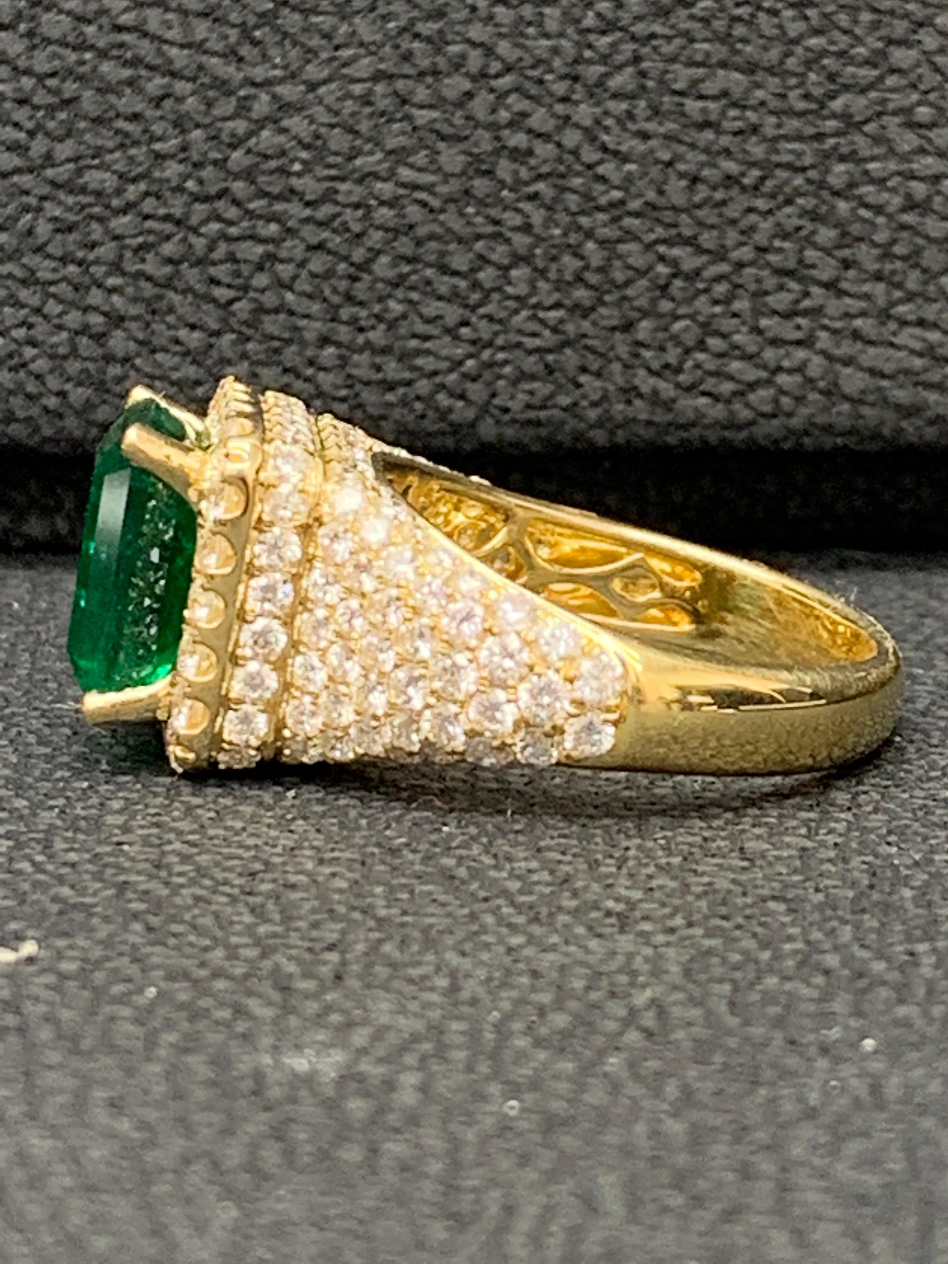 Modern 2.08 Carat Emerald Cut Emerald and Diamond Fashion Ring in 18K Yellow Gold For Sale