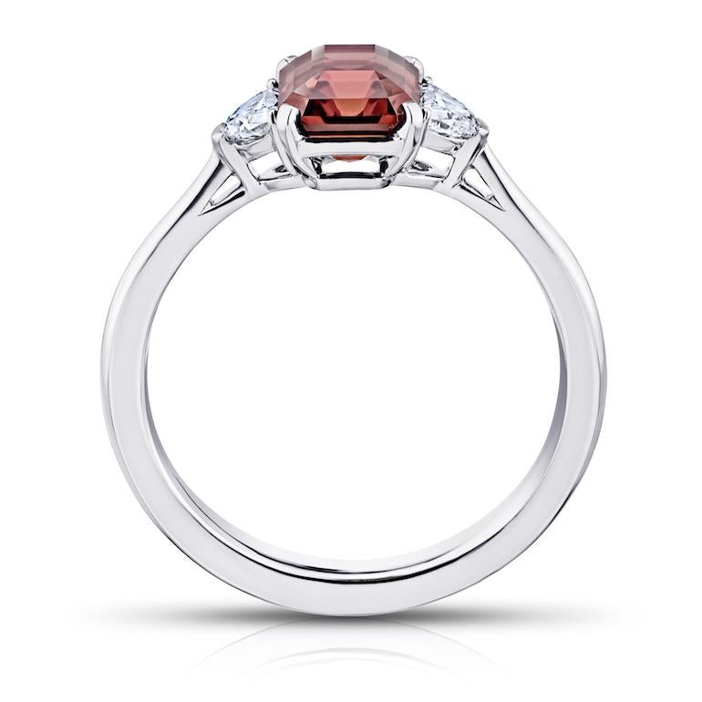 Contemporary 2.08 Carat Emerald Cut Reddish Brown Sapphire and Diamond Platinum Ring For Sale