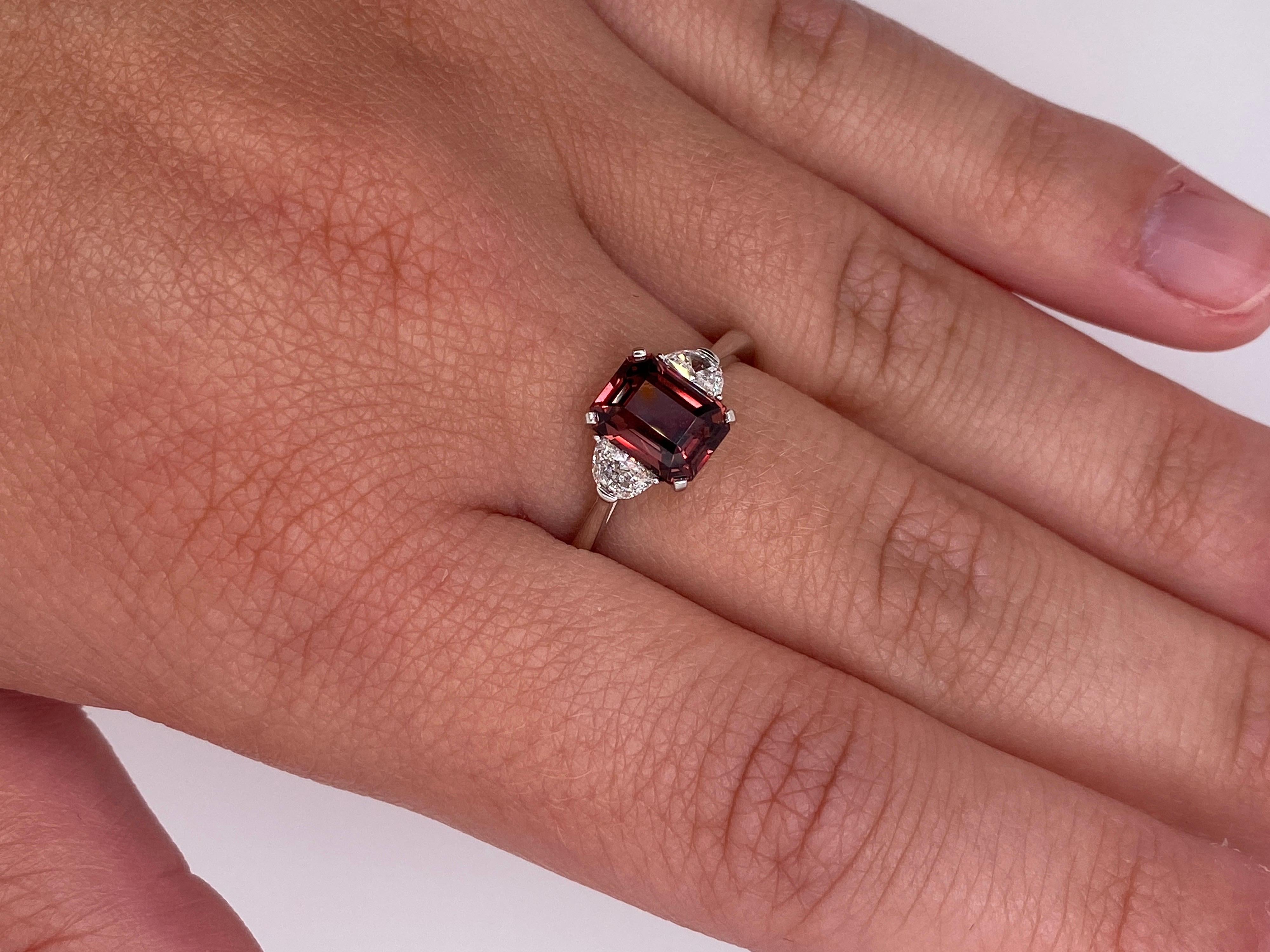 2.08 Carat Emerald Cut Reddish Brown Sapphire and Diamond Platinum Ring For Sale 1
