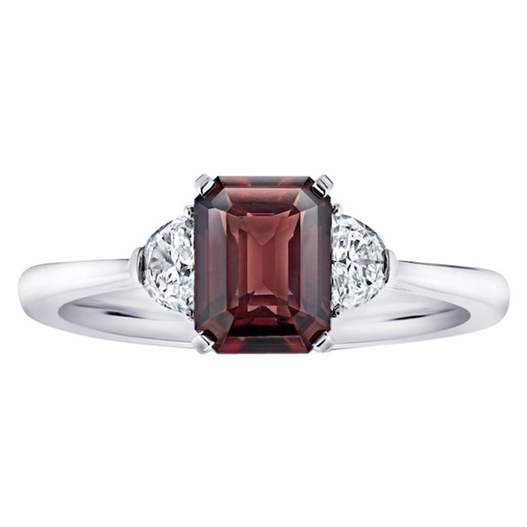2.08 Carat Emerald Cut Reddish Brown Sapphire and Diamond Platinum Ring For Sale