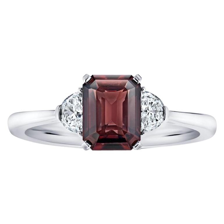 2.08 Carat Emerald Cut Reddish Brown Sapphire and Diamond Platinum Ring