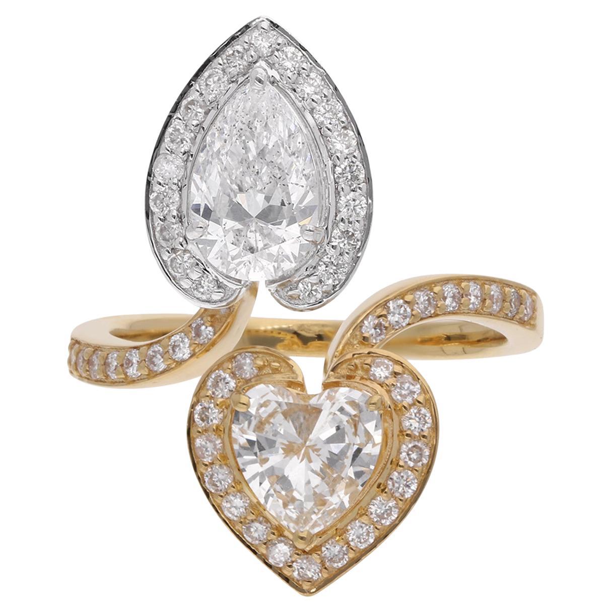 Bague enveloppante en or blanc et jaune 18 carats avec diamants en forme de cœur de 2,08 carats