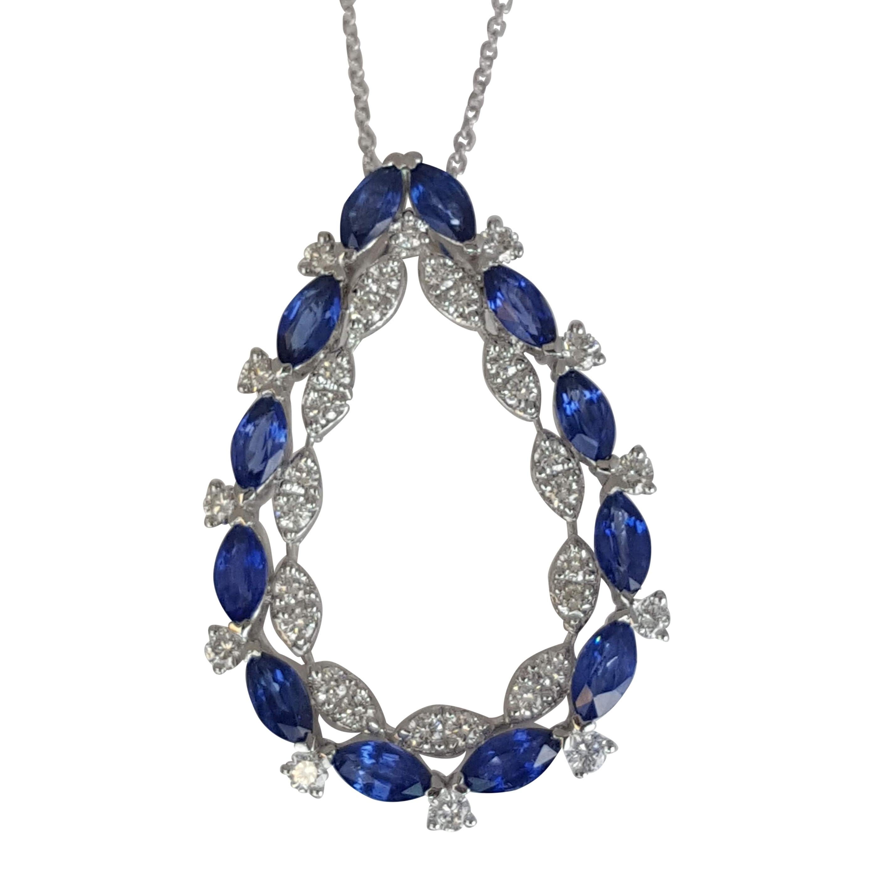 Contemporary 2.08 Carat Marquise Cut Blue Sapphire and Round Natural Diamond Pendant ref1822 For Sale