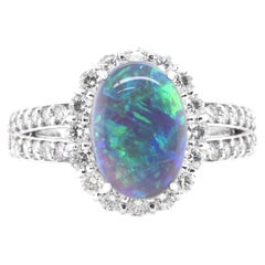 2.08 Carat Natural, Australian Black Opal and Diamond Ring Set in Platinum