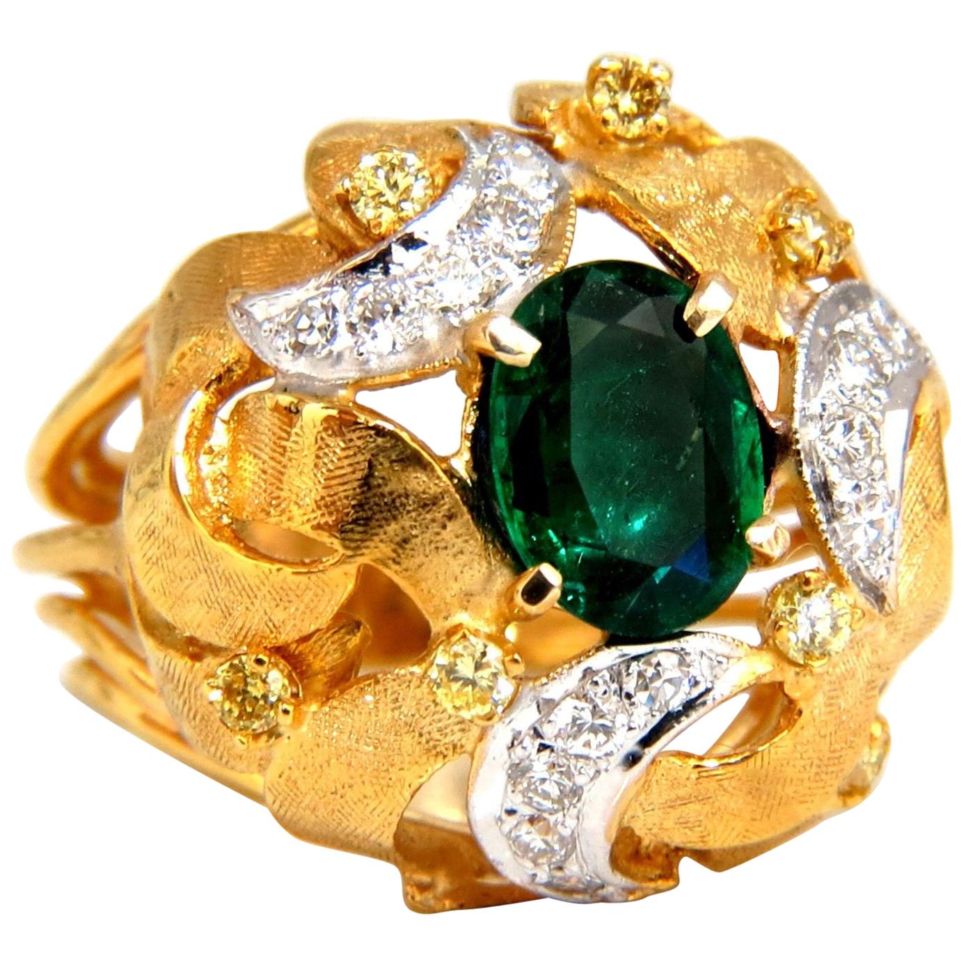 2.08 Carat Natural Oval Emerald Diamond Ring 14 Karat Florentine Dome For Sale