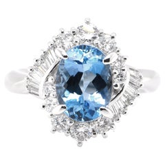 Vintage 2.08 Carat Natural Santa-Maria Aquamarine and Diamond Ring Set in Platinum