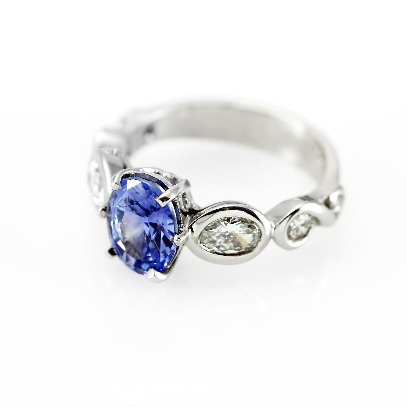Art Deco 2.08 Carat Oval Cut Ceylon Sapphire 1.18 Carat Diamond Engagement Ring For Sale