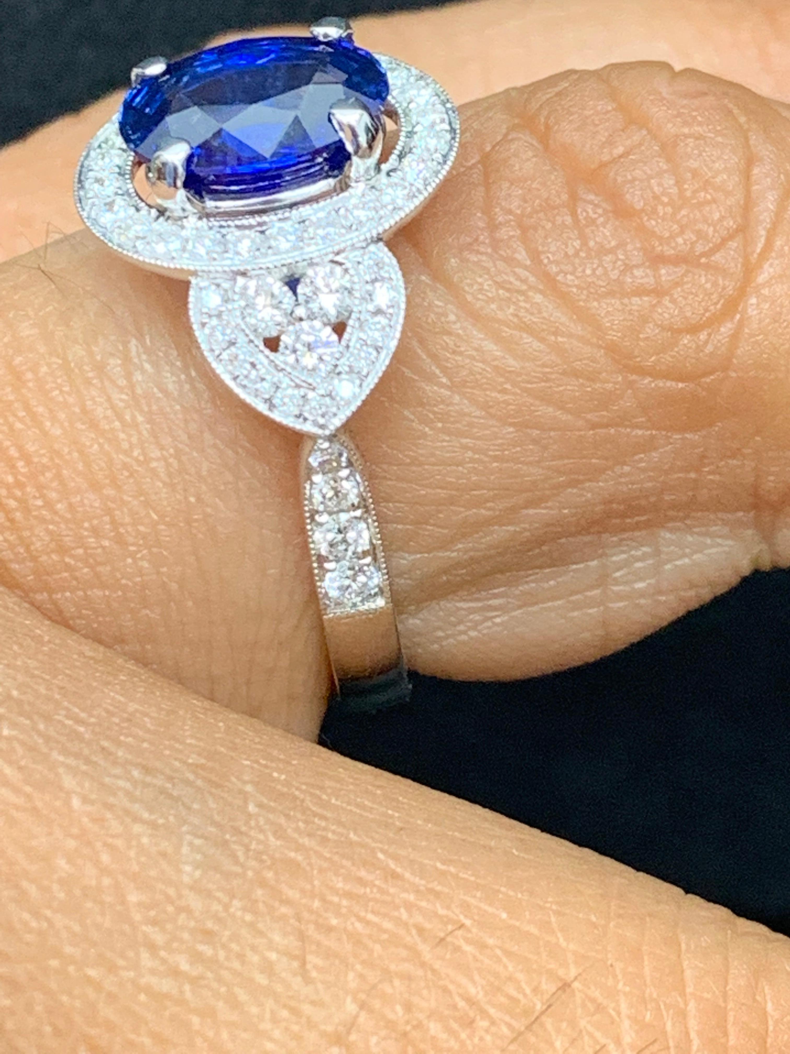 2.08 Carat Oval Cut Sapphire and Diamond Engagement Ring in 18K White Gold For Sale 6
