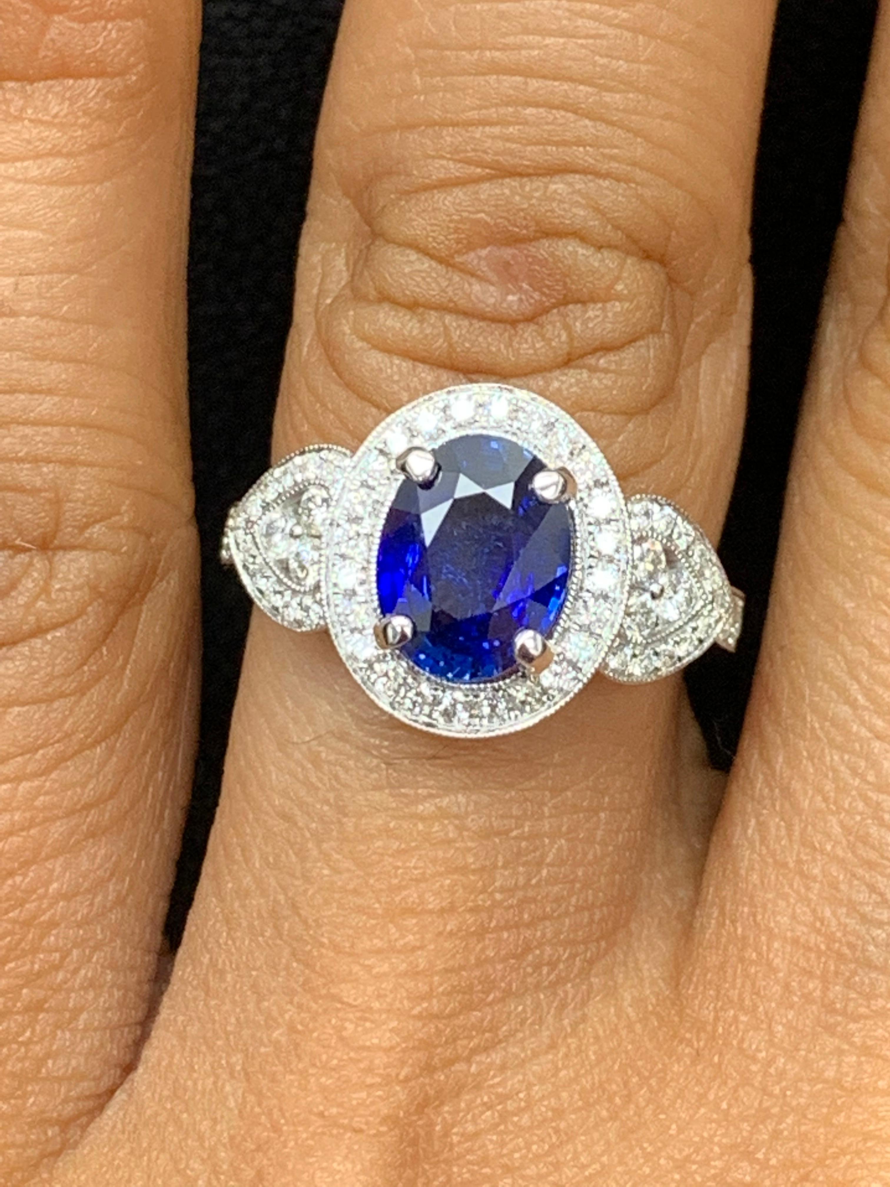 2.08 Carat Oval Cut Sapphire and Diamond Engagement Ring in 18K White Gold For Sale 7
