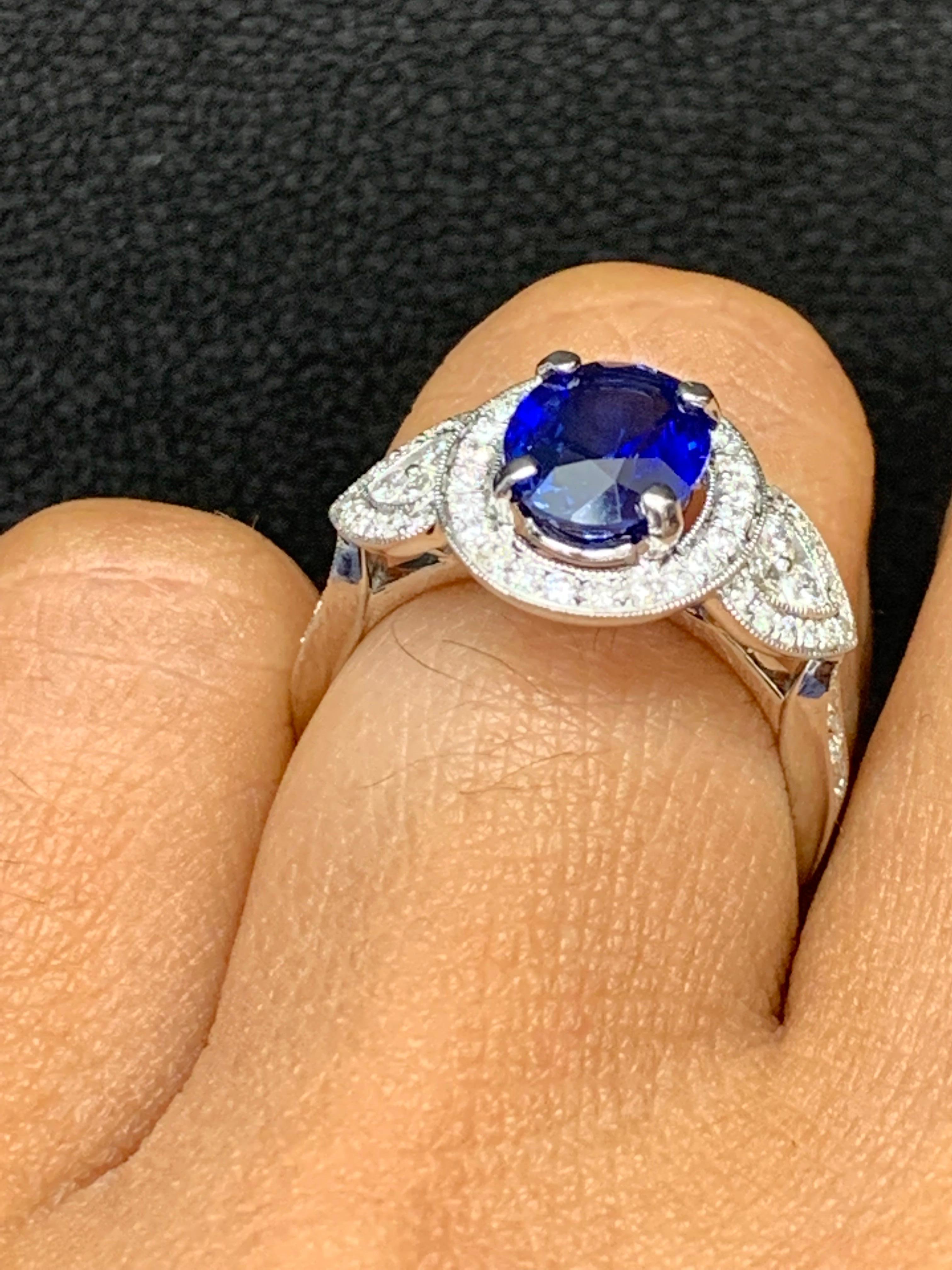 2.08 Carat Oval Cut Sapphire and Diamond Engagement Ring in 18K White Gold For Sale 8