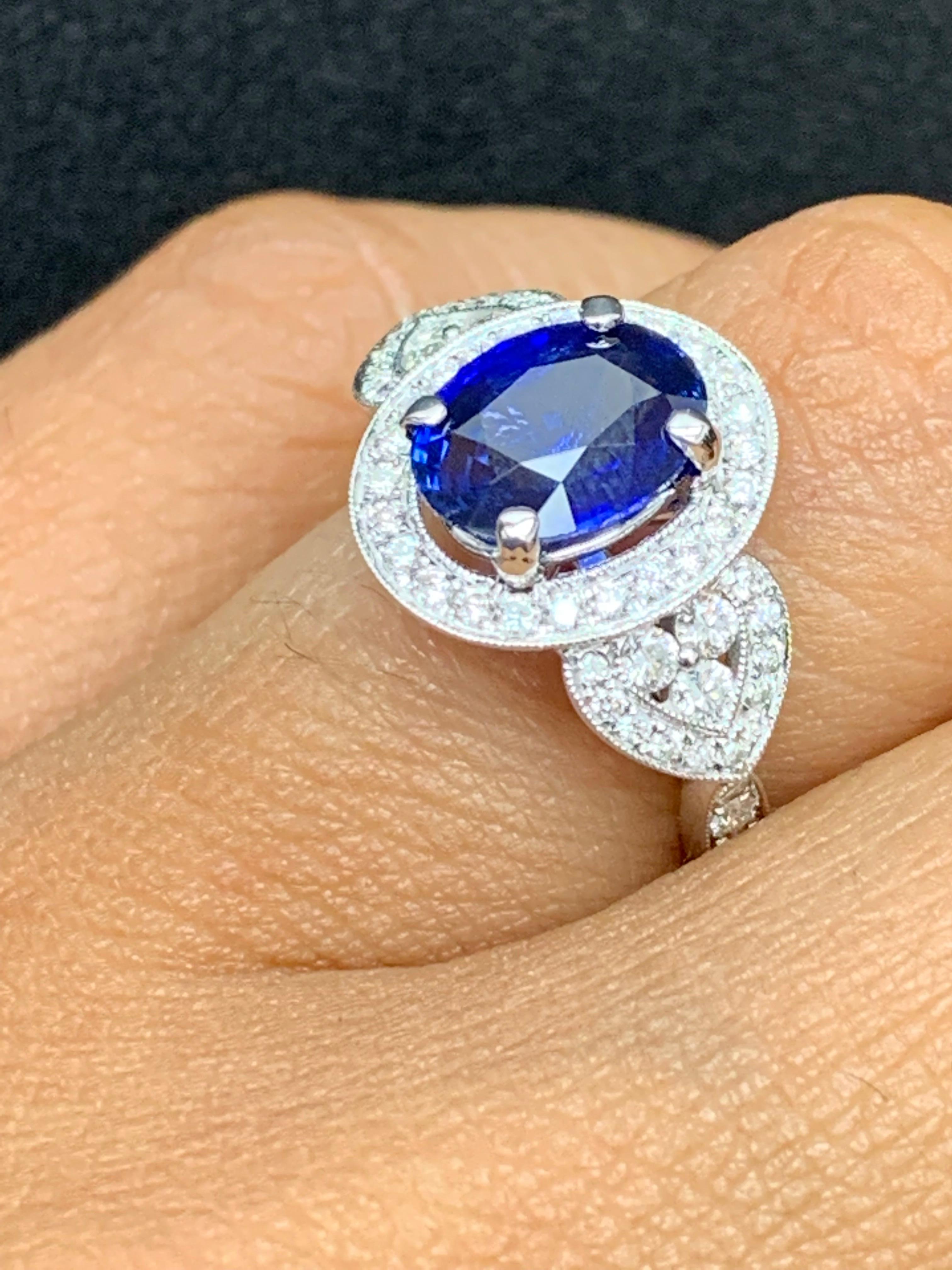 2.08 Carat Oval Cut Sapphire and Diamond Engagement Ring in 18K White Gold For Sale 4