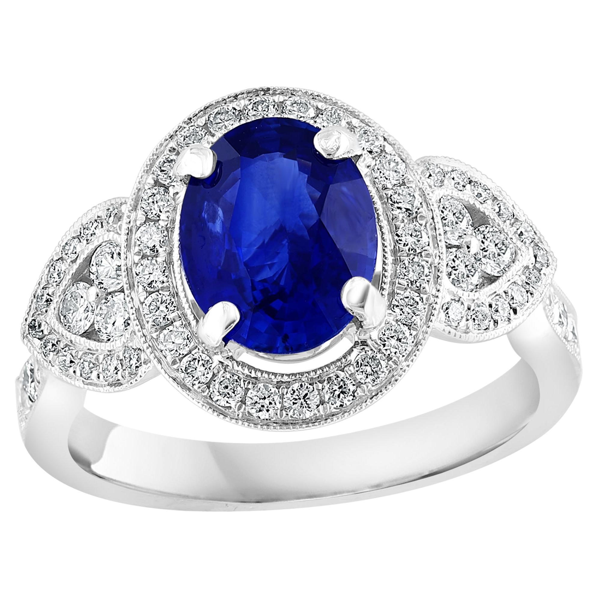 2.08 Carat Oval Cut Sapphire and Diamond Engagement Ring in 18K White Gold For Sale