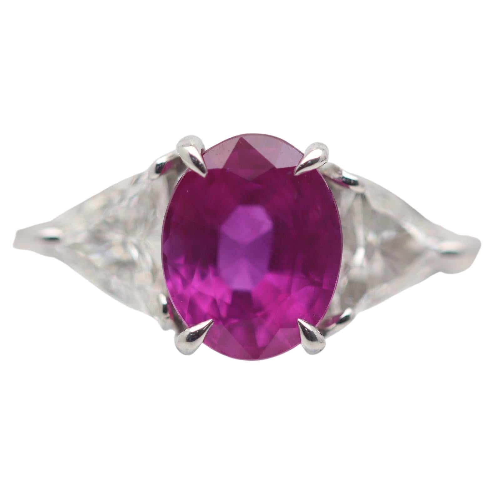 2.08 Carat Pink Sapphire Diamond 3-Stone Platinum Ring For Sale