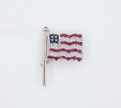 2.08 Carat Ruby American Flag Patriotic Brooch Sapphire Diamond 18K White Gold