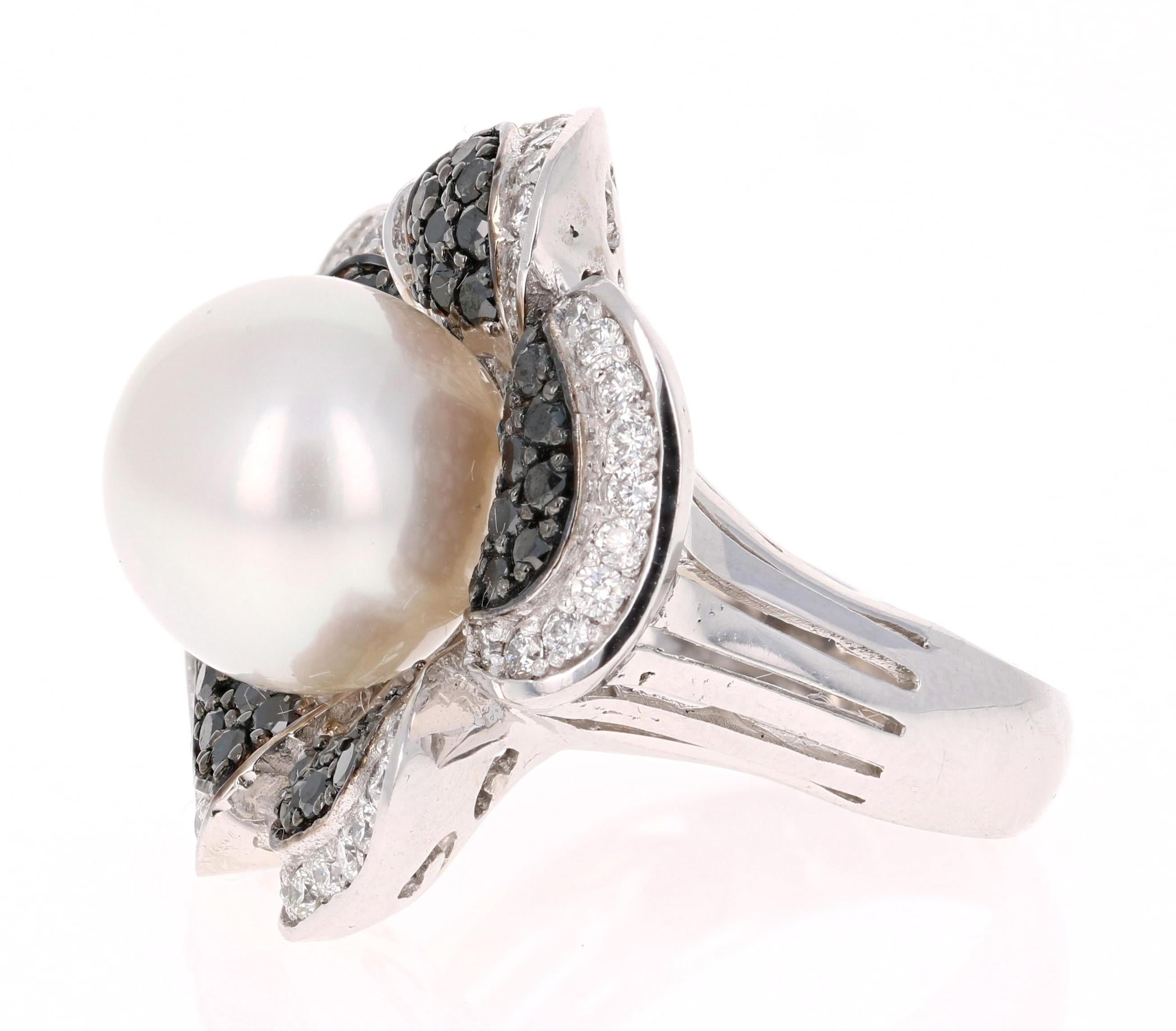 Contemporary 2.08 Carat South Sea Pearl Black White Diamond White Gold Cocktail Ring For Sale