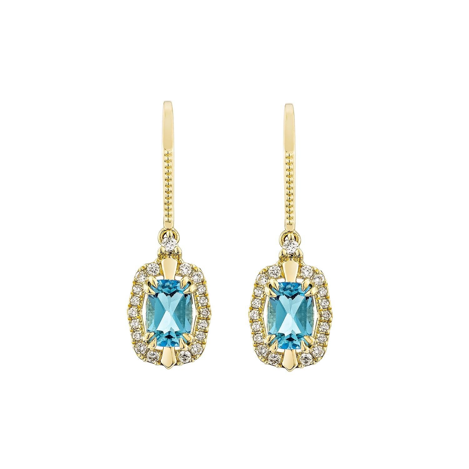 Modern Sunita Nahata 2.08 Carat Swiss Blue Topaz Drop Earrings in 14KYG with Diamond. For Sale