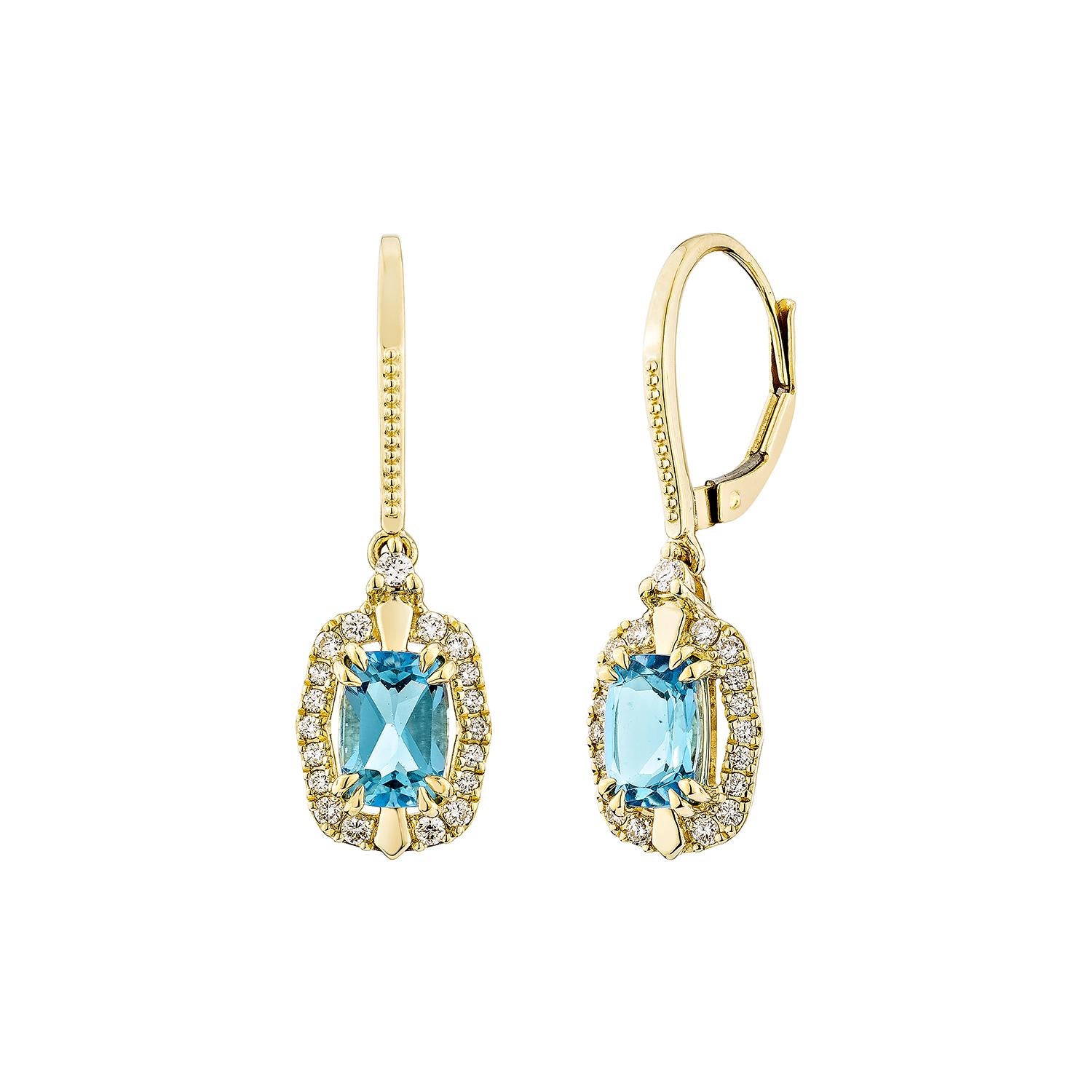 Cushion Cut Sunita Nahata 2.08 Carat Swiss Blue Topaz Drop Earrings in 14KYG with Diamond. For Sale