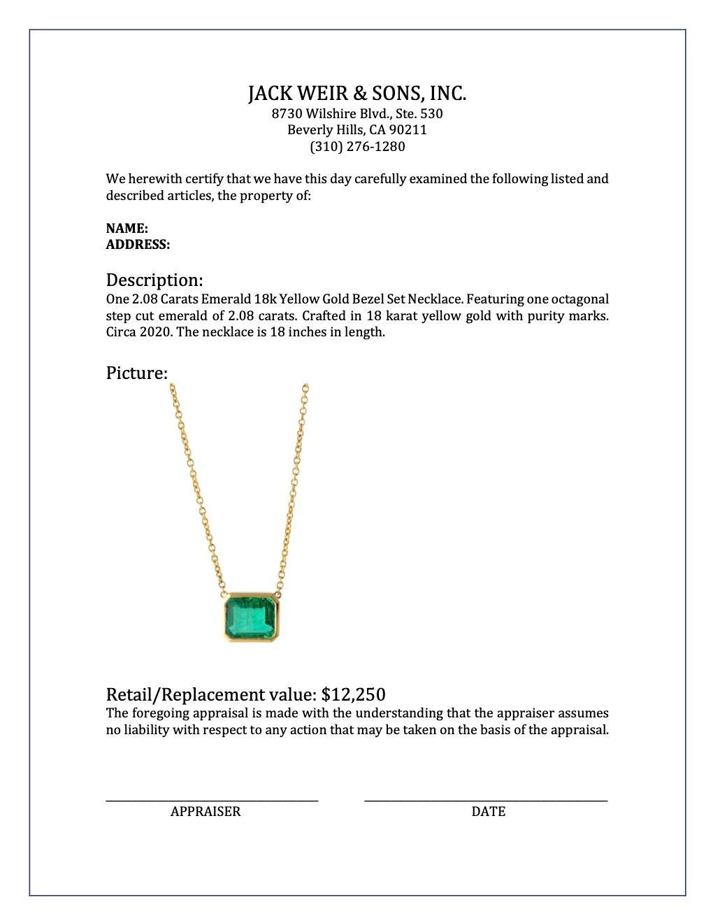 2.08 Carats Emerald 18k Yellow Gold Bezel Set Necklace In Excellent Condition In Beverly Hills, CA