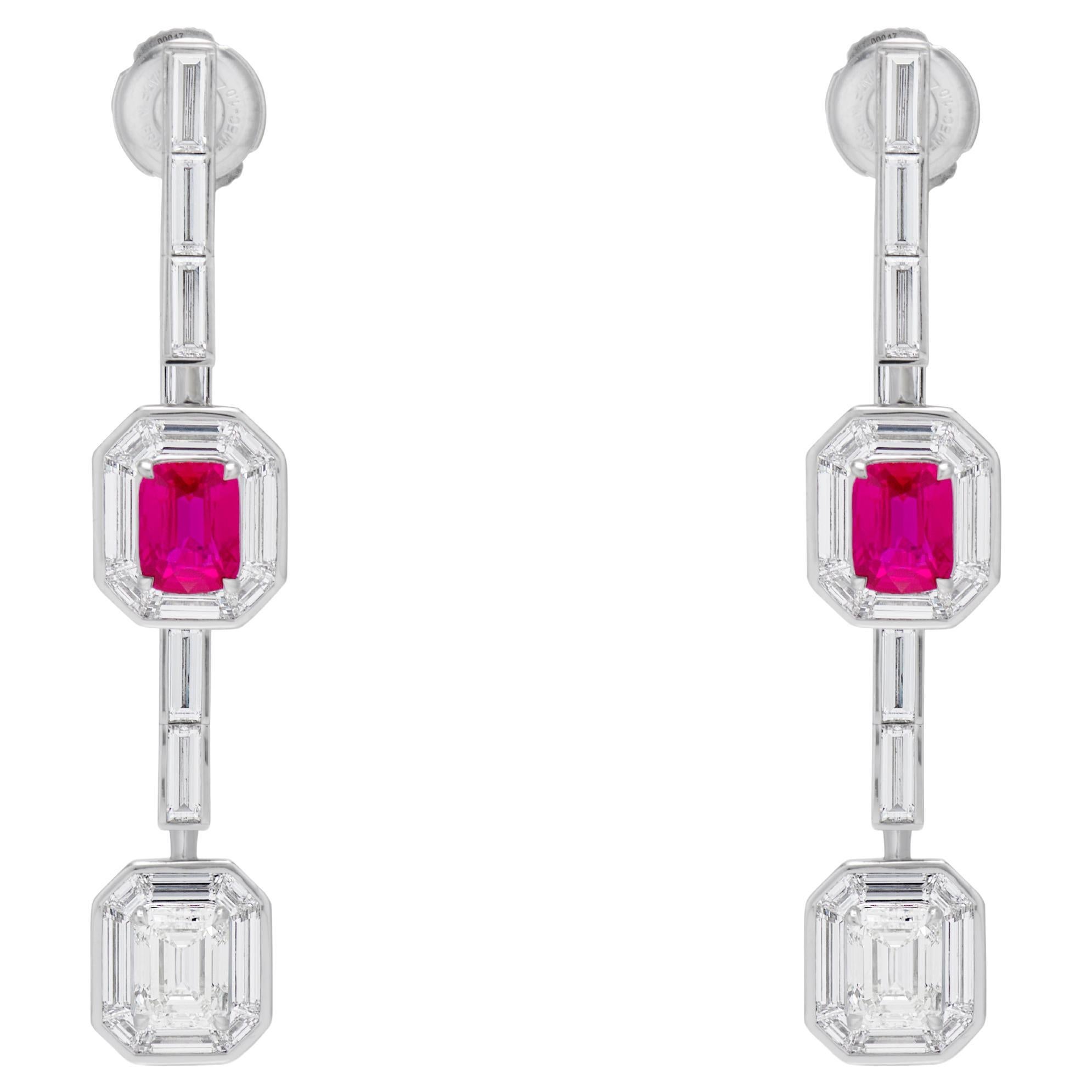 2.08 carats no-heat Mozambican Rubies and Diamond Drop Earrings For Sale