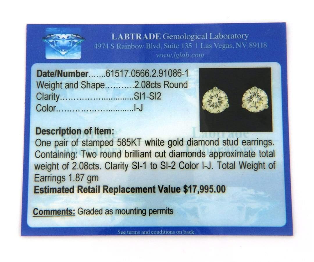 2.08 CTW Diamond Stud Earrings in 14K, Certified

Diamond Stud Earrings
14K White Gold
Diamond Weight: Approx. 2.08 CTW
Clarity: SI1-2
Color: I-J
LGL Certificate
Weight: Approx. 1.8 Grams
Stamped: 14K, 750

Condition:
Offered for your consideration