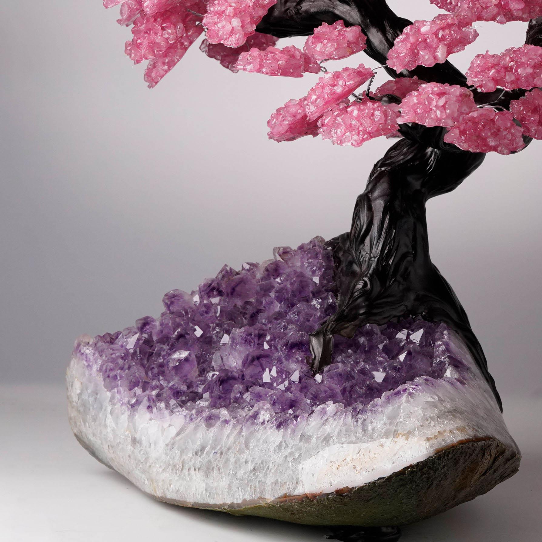 20.8 Lb. Tree en quartz rose sur base en grappe d'améthystes en vente 3