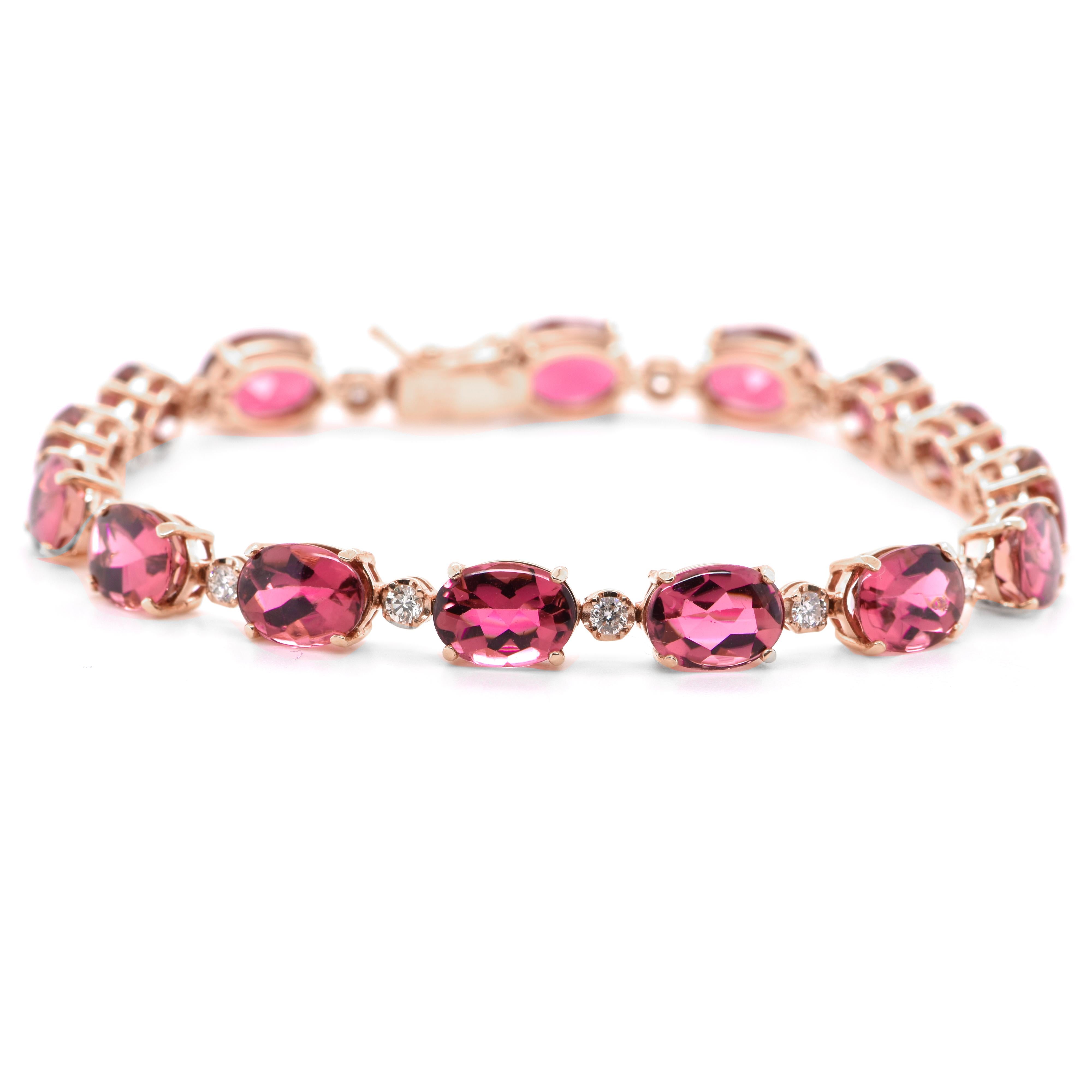 A stunning Bracelet featuring 20.80 Carats Natural Buffed-Top Cut Pink Tourmaline and 0.68 Carats of Diamond Accents set in 18 Karat Rose Gold. Tourmalines were first discovered by Spanish conquistadors in Brazil in 1500s. The name Tourmaline comes