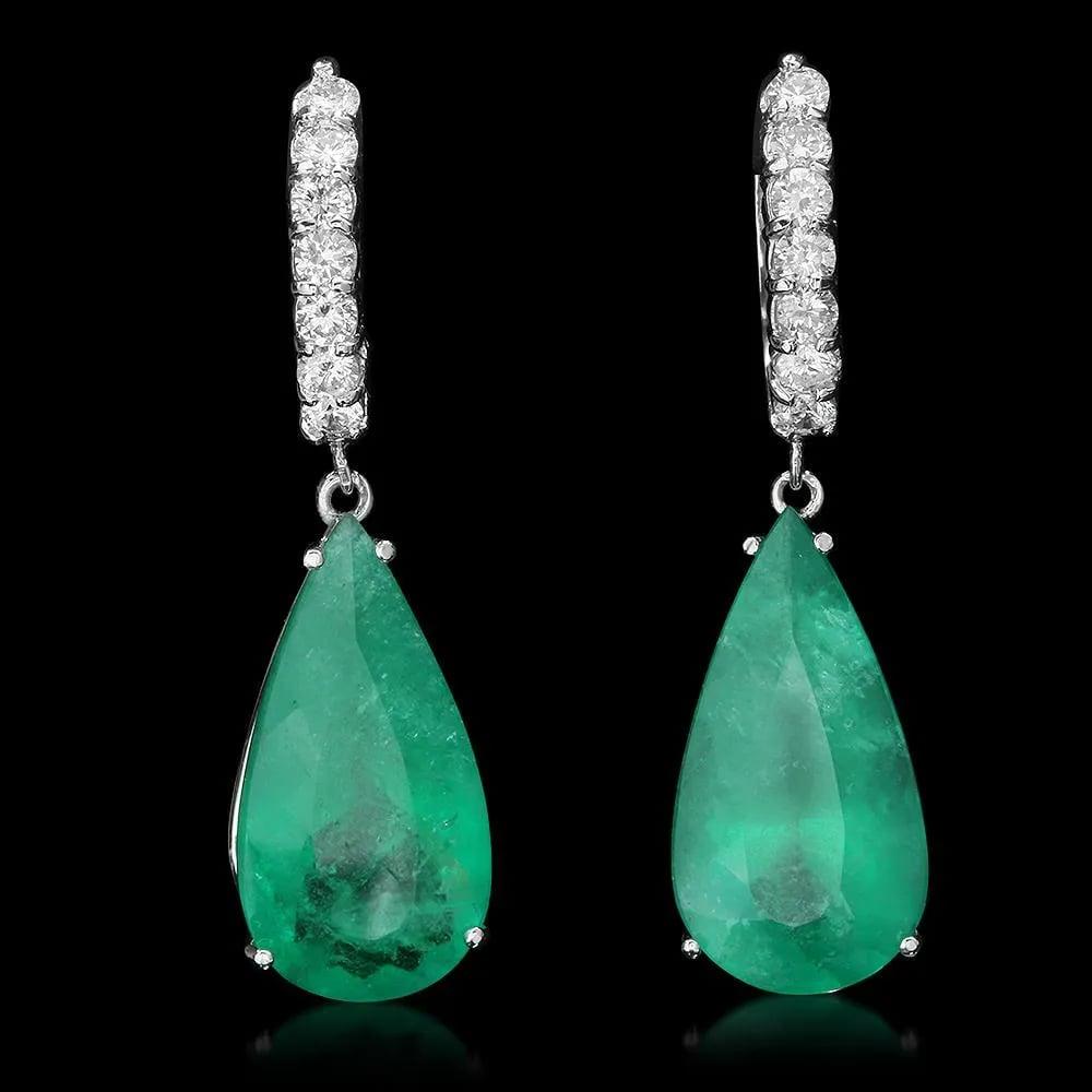Mixed Cut 20.80ct Natural Emerald and Diamond 14K Solid White Gold Earrings For Sale