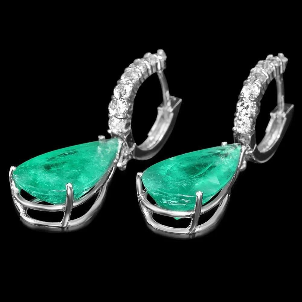 20.80ct Natural Emerald and Diamond 14K Solid White Gold Earrings In New Condition For Sale In Los Angeles, CA