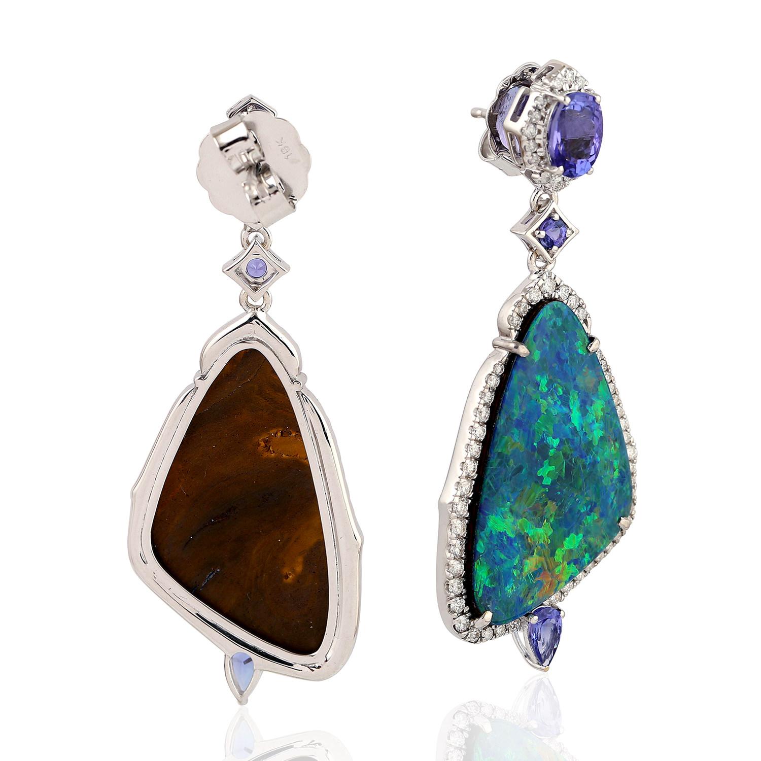 Contemporary 20.81ct Opal Dangle Earrings With Tanzanite & Diamonds Made In 18k White Gold For Sale