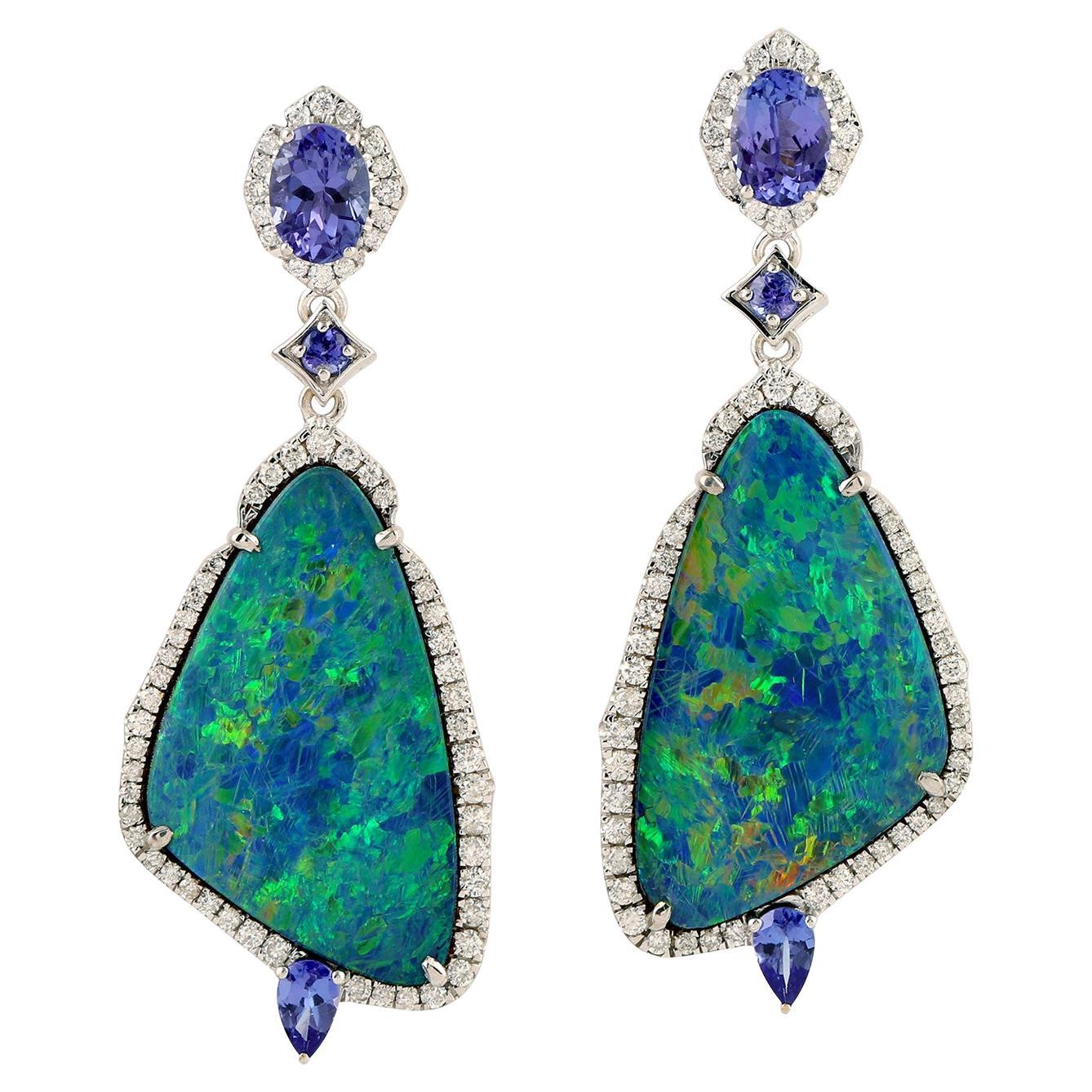 20.81ct Opal Dangle Earrings With Tanzanite & Diamonds Made In 18k White Gold For Sale