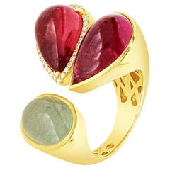 20.81ct Tourmaline, Diamonds and Aquamarine Heart Cocktail Ring 