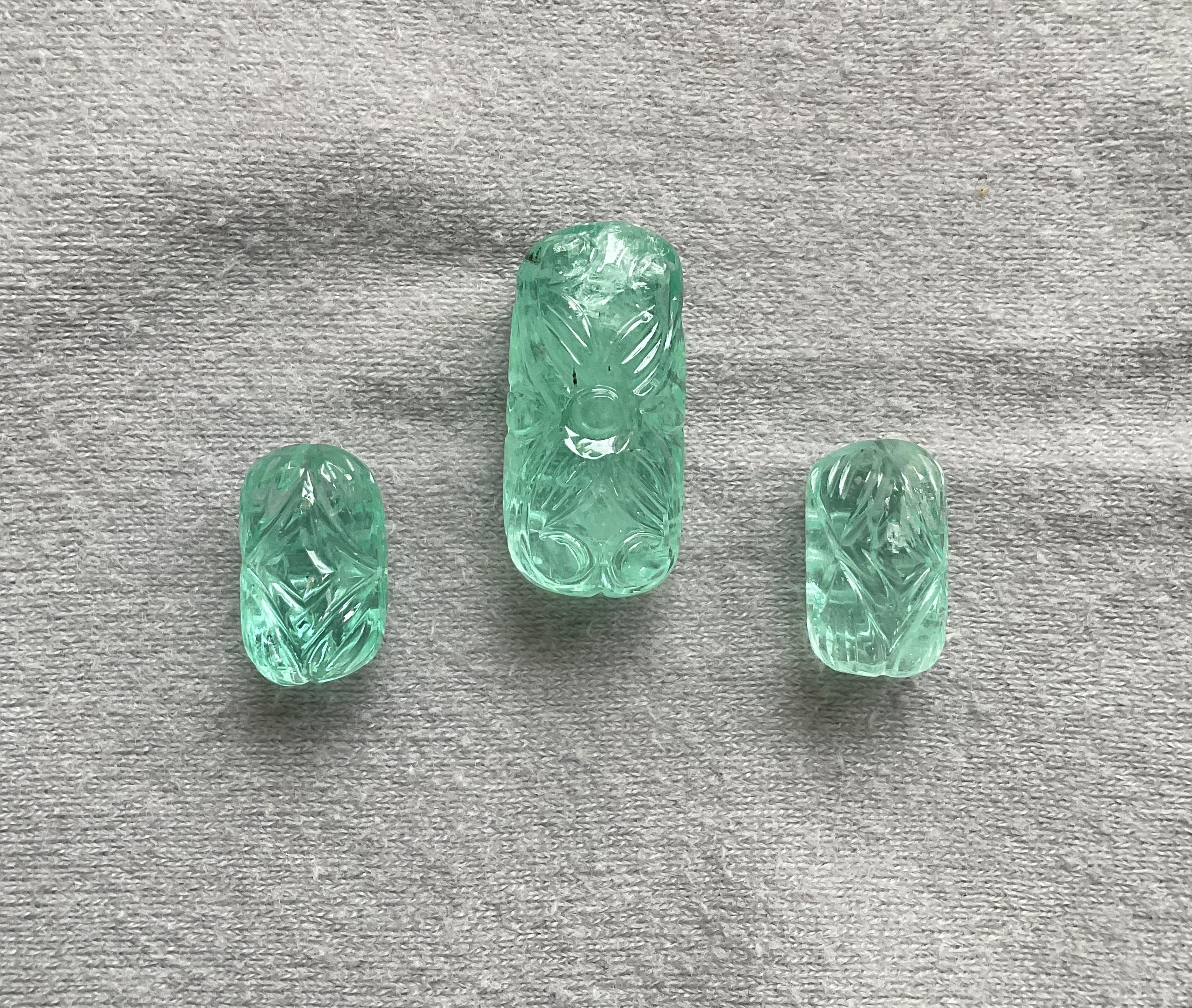 Art Deco 39.93 Carats Russian Emerald Carved 3 Pieces Layout For Jewelry Natural Gemstone For Sale