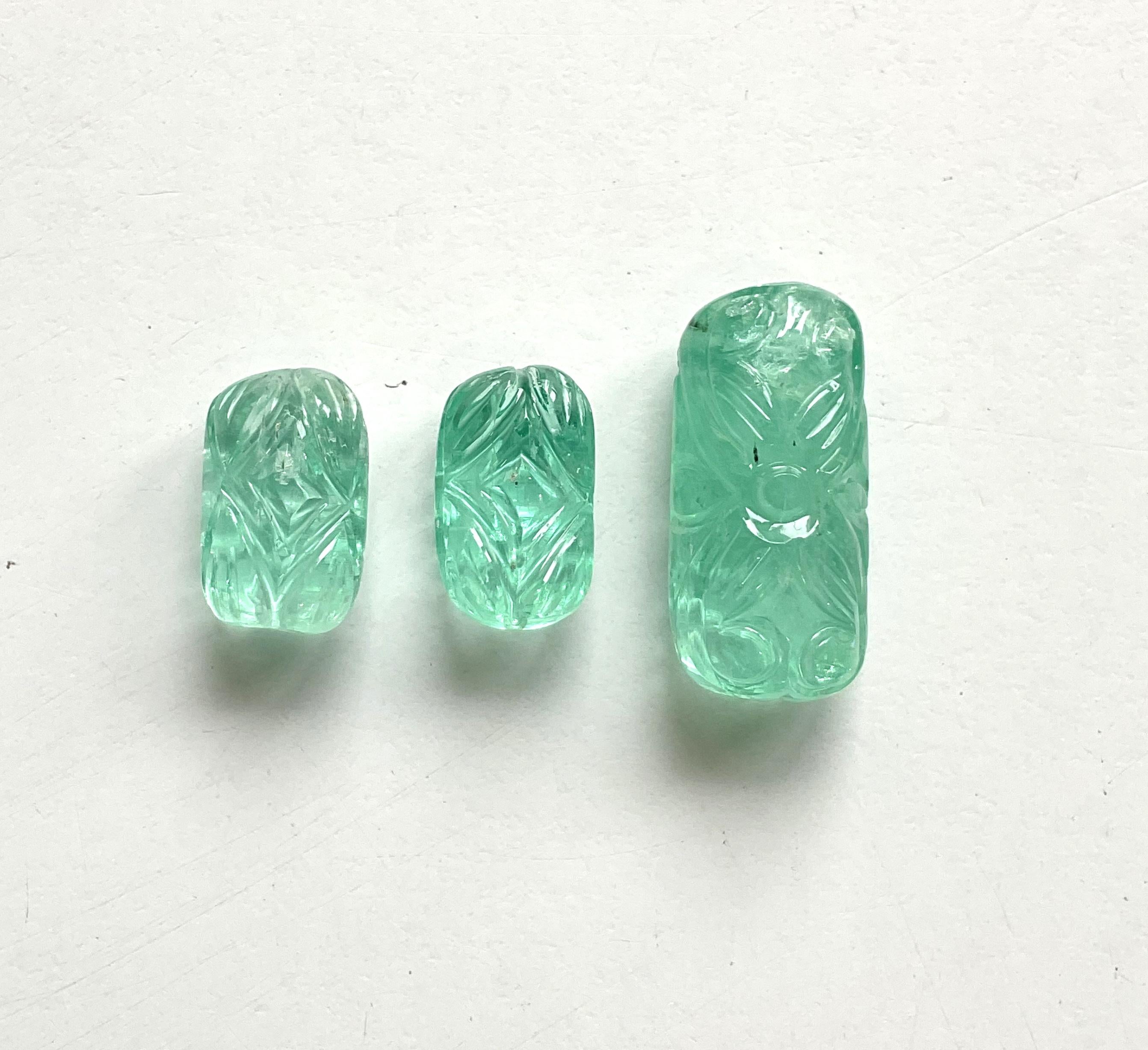 39.93 Carats Russian Emerald Carved 3 Pieces Layout For Jewelry Natural Gemstone For Sale 1