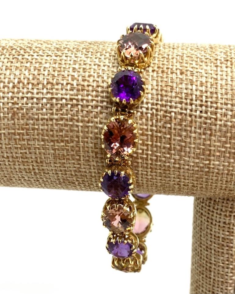 Oval Cut Pink Tourmaline and Amethyst Scalloped Yellow Gold Tennis Bracelet