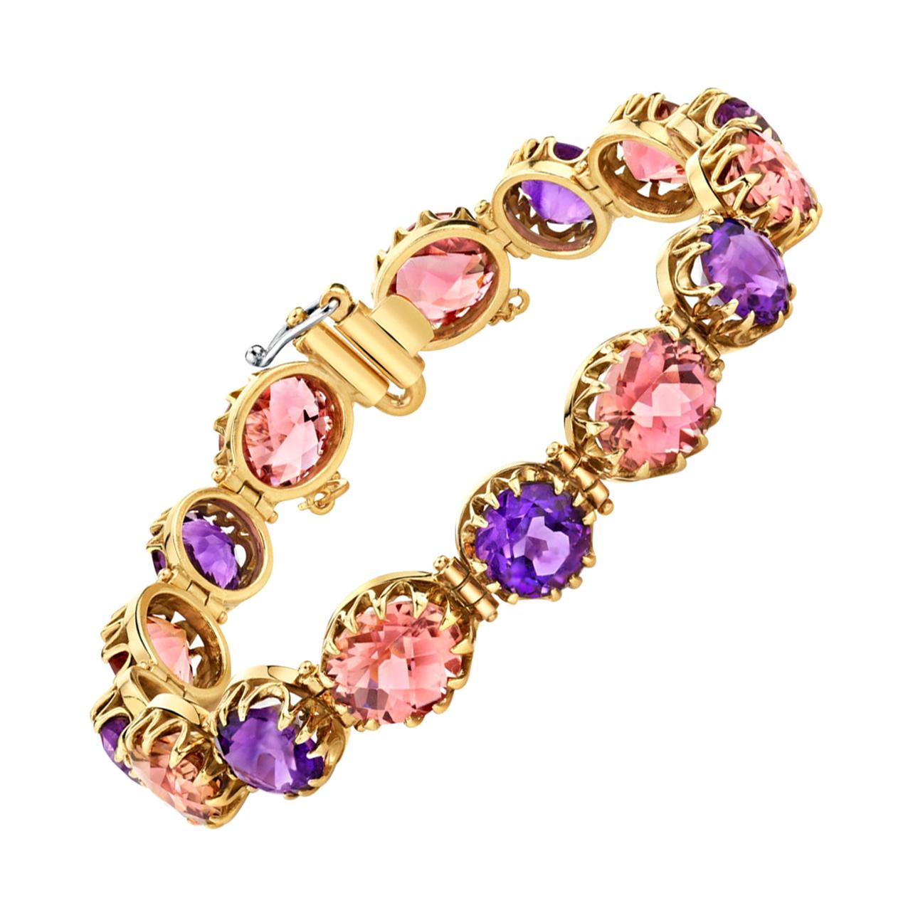 Pink Tourmaline and Amethyst Scalloped Yellow Gold Tennis Bracelet For ...