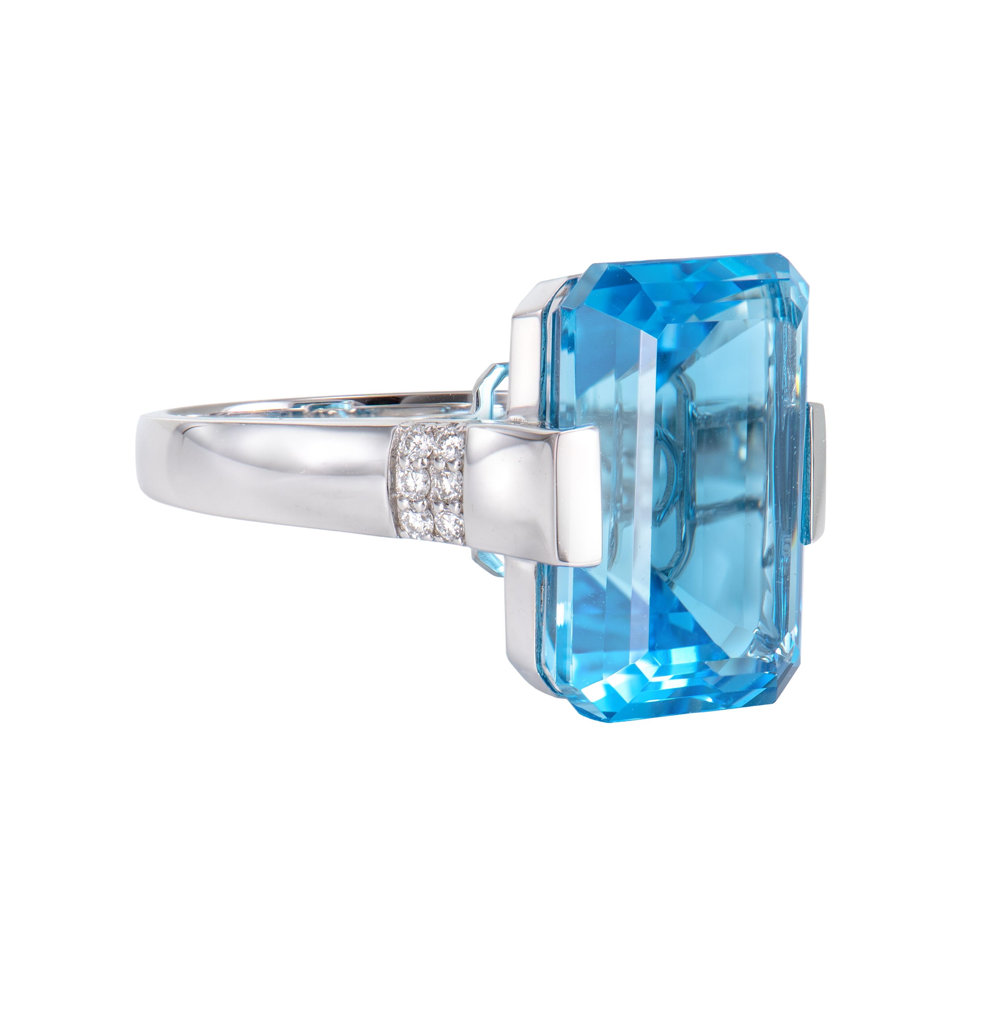 It's a fancy Swiss Blue Topaz Ring in An Octagon shape with blue hue. The Ring is elegant and can be worn for many occasions. It is useful to organize your feelings and help to heal your negative feelings.

Swiss Blue Topaz Fancy Ring in 18 Karat