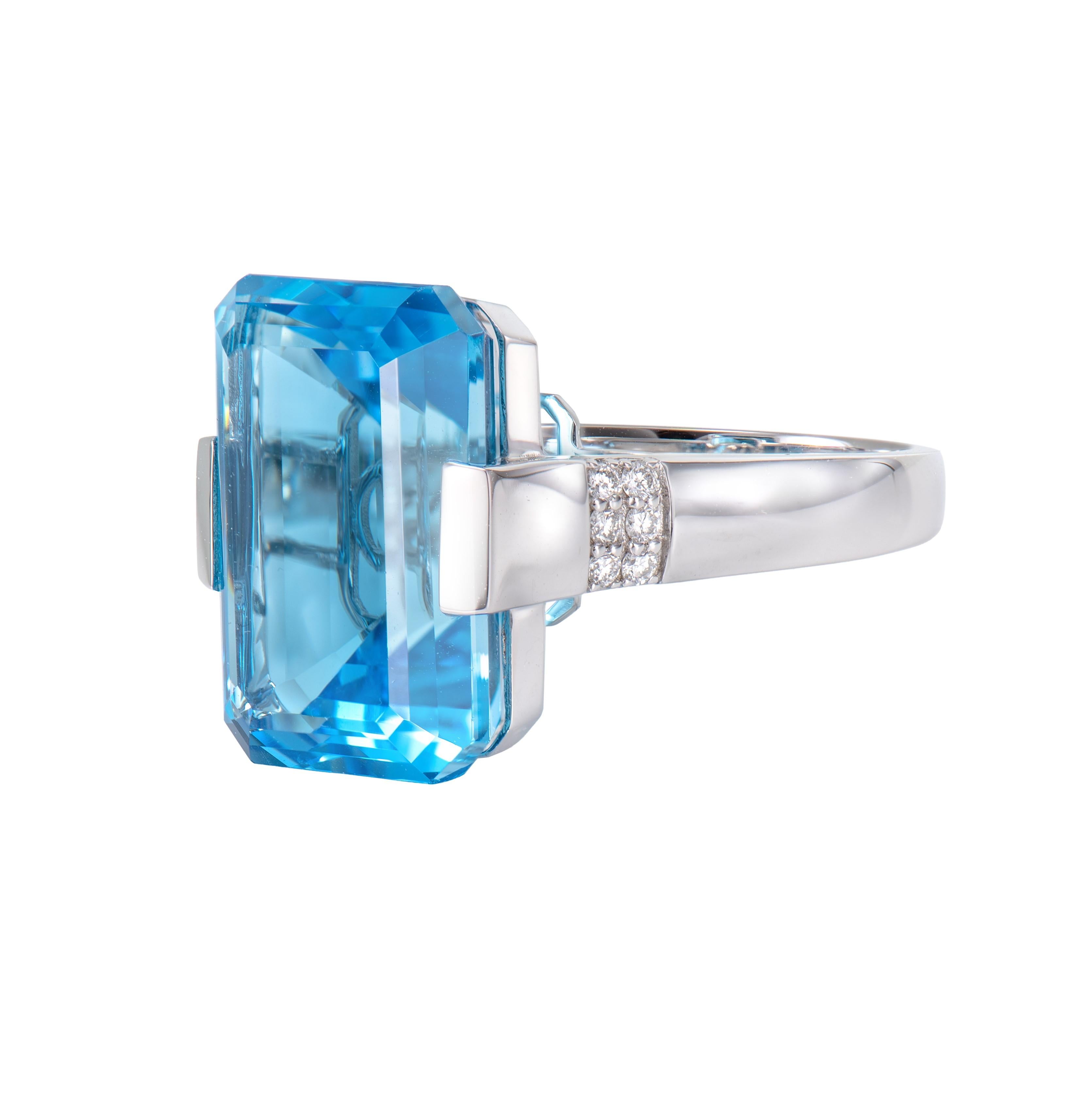 Octagon Cut 20.86 Carat Swiss Blue Topaz Fancy Ring in 18K White Gold with White Diamond. For Sale