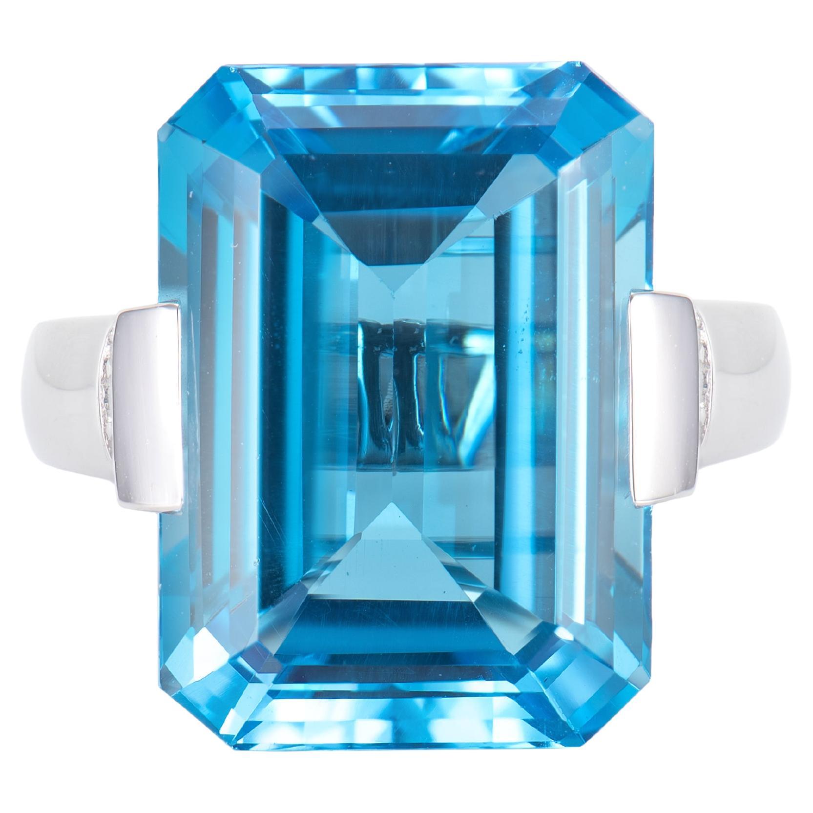 20.86 Carat Swiss Blue Topaz Fancy Ring in 18K White Gold with White Diamond. For Sale