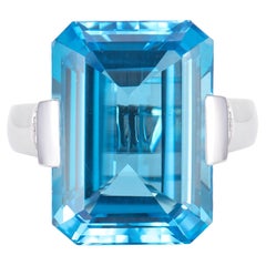20.86 Carat Swiss Blue Topaz Fancy Ring in 18K White Gold with White Diamond.
