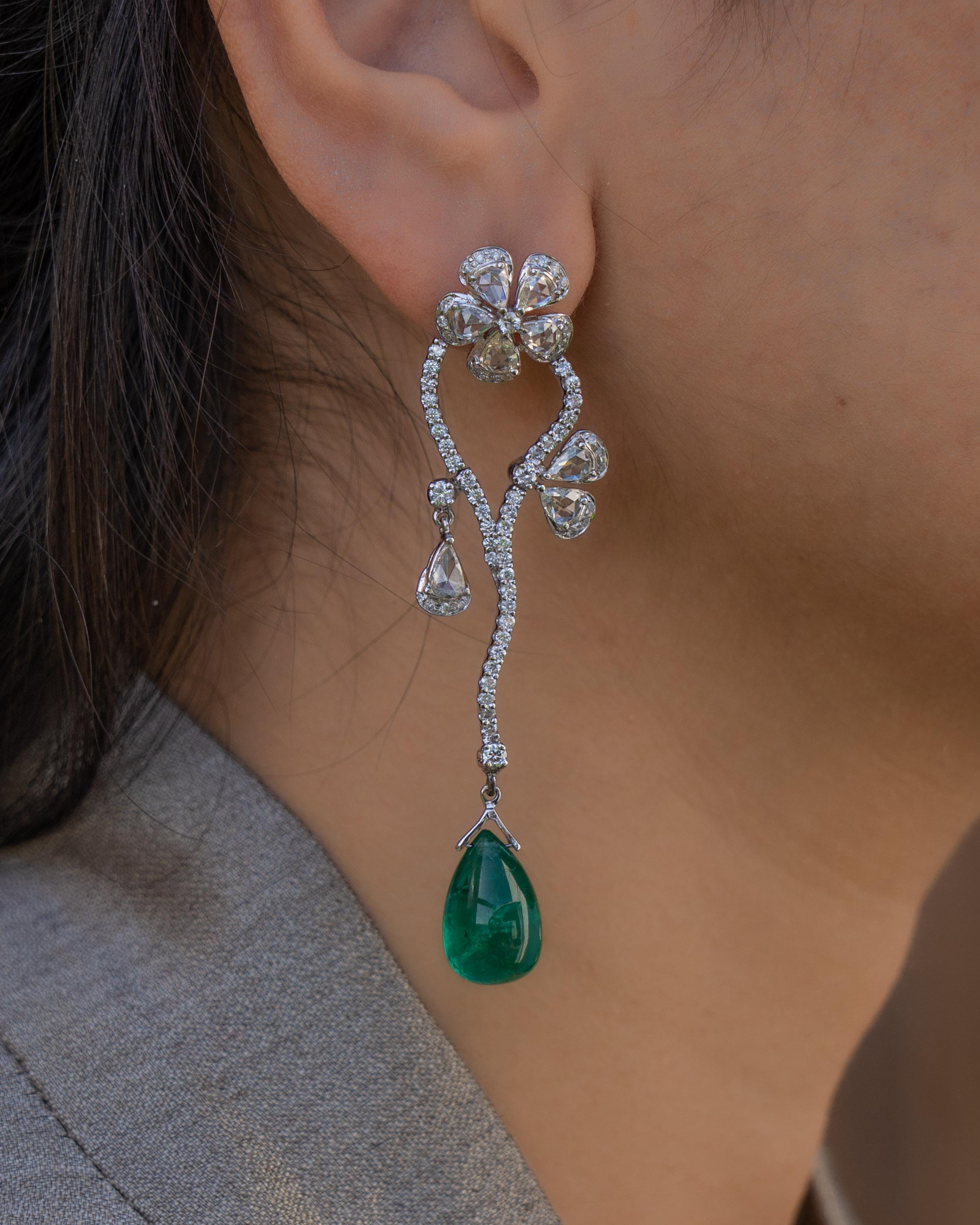 Art Deco 20.87 Carat Emerald Drop and Diamond Dangle Earrings in 18K Gold